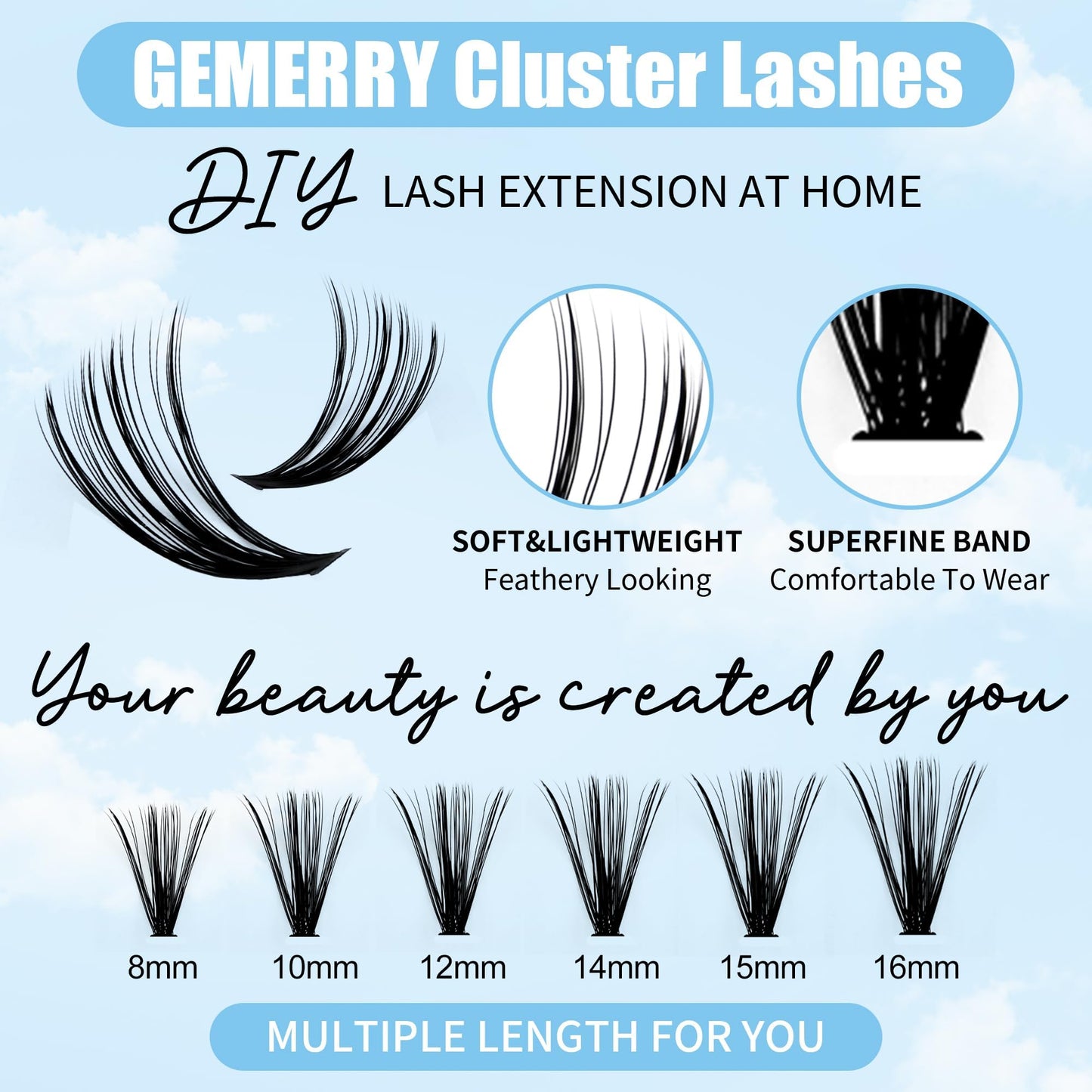 DIY Eyelash Extension Kit GEMERRY Lash Extension Kit Lash Clusters Kit with Lash Clusters 40P C 8-16mm Lash Bond and Seal and Lash Tweezers for Self Use at Home Cluster Eyelash Extension Kit