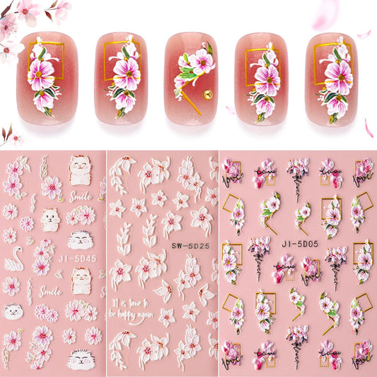 5D Flower Nail Stickers for Nail Art, 3 Sheets Embossed Nail Decals Self Adhesive Nail Art Stickers, Pink White Cherry Blossom Floral Nail Decorations Accessories for Women Girls Spring Summer