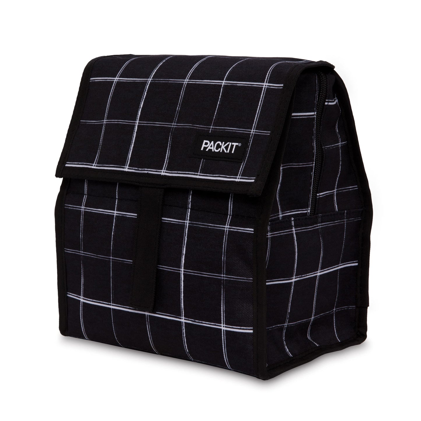 PackIt® Freezable Lunch Bag, Black Grid, Built with EcoFreeze® Technology, Foldable, Reusable, Zip and Velcro Closure with Buckle Handle, Perfect for Lunches Large