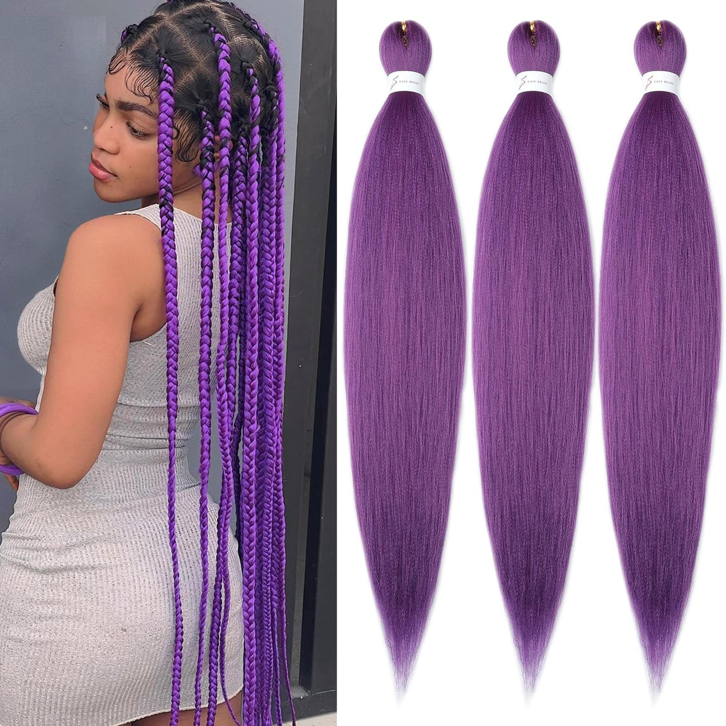 Pre Stretched Braiding Hair 32 Inch 3 Packs Lavender Purple Braiding Hair, Soft Yaki Texture Box Braids Hot Water Setting Synthetic Long Kanekalon Braiding Hair Pre Stretched (32 Inch, Lavender#)