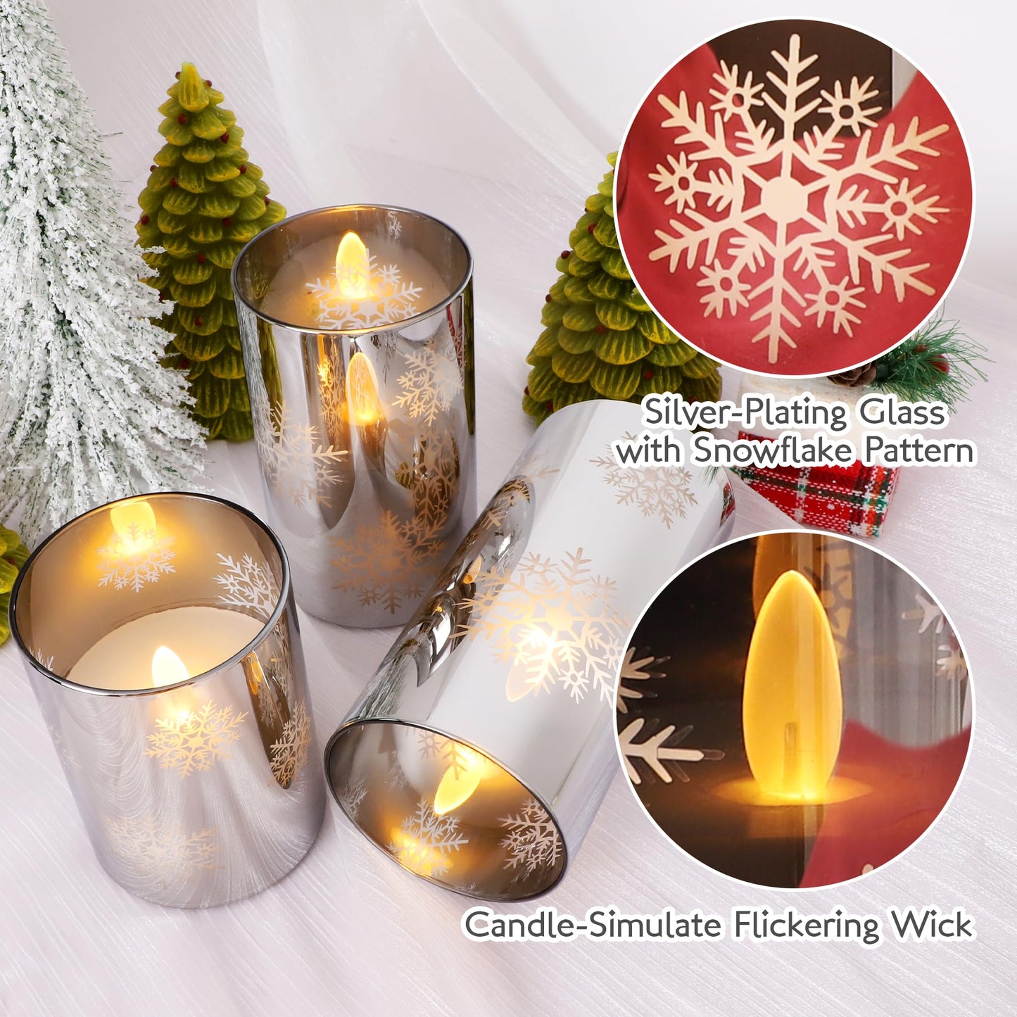 REVELBUNNY Christmas Flameless Candles Snowflake Battery Operated LED Flickering Candles with Remote Timer, Electroplate Glass Pillar Candle for Home Wedding Party Winter Holiday Decor Set of 3