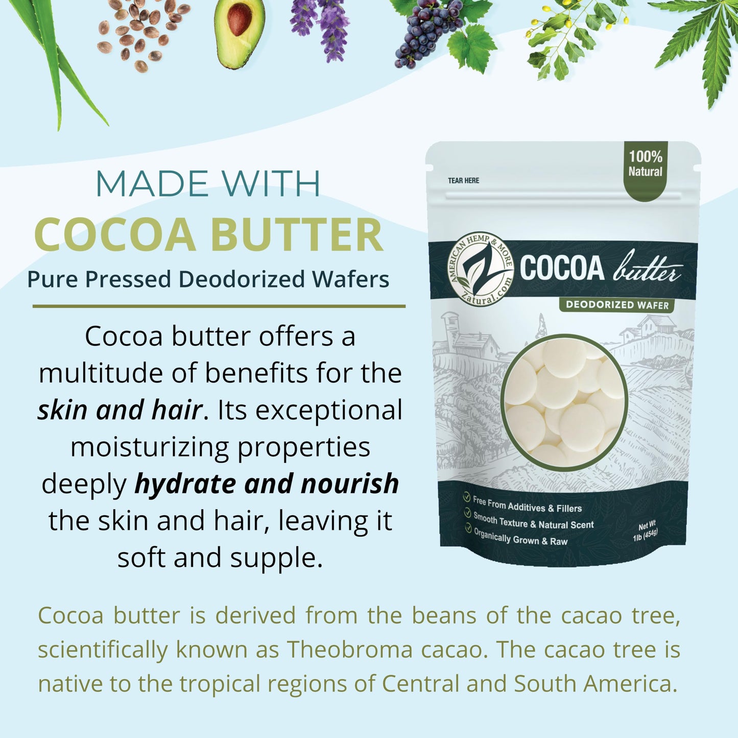 Zatural RAW Cocoa Butter-Deodorized Food Grade | 100% Pure-Prime-Pressed | DIY Lotion, Body Cream, Lip Gloss Base. (16 Ounce Deodorized Wafers)