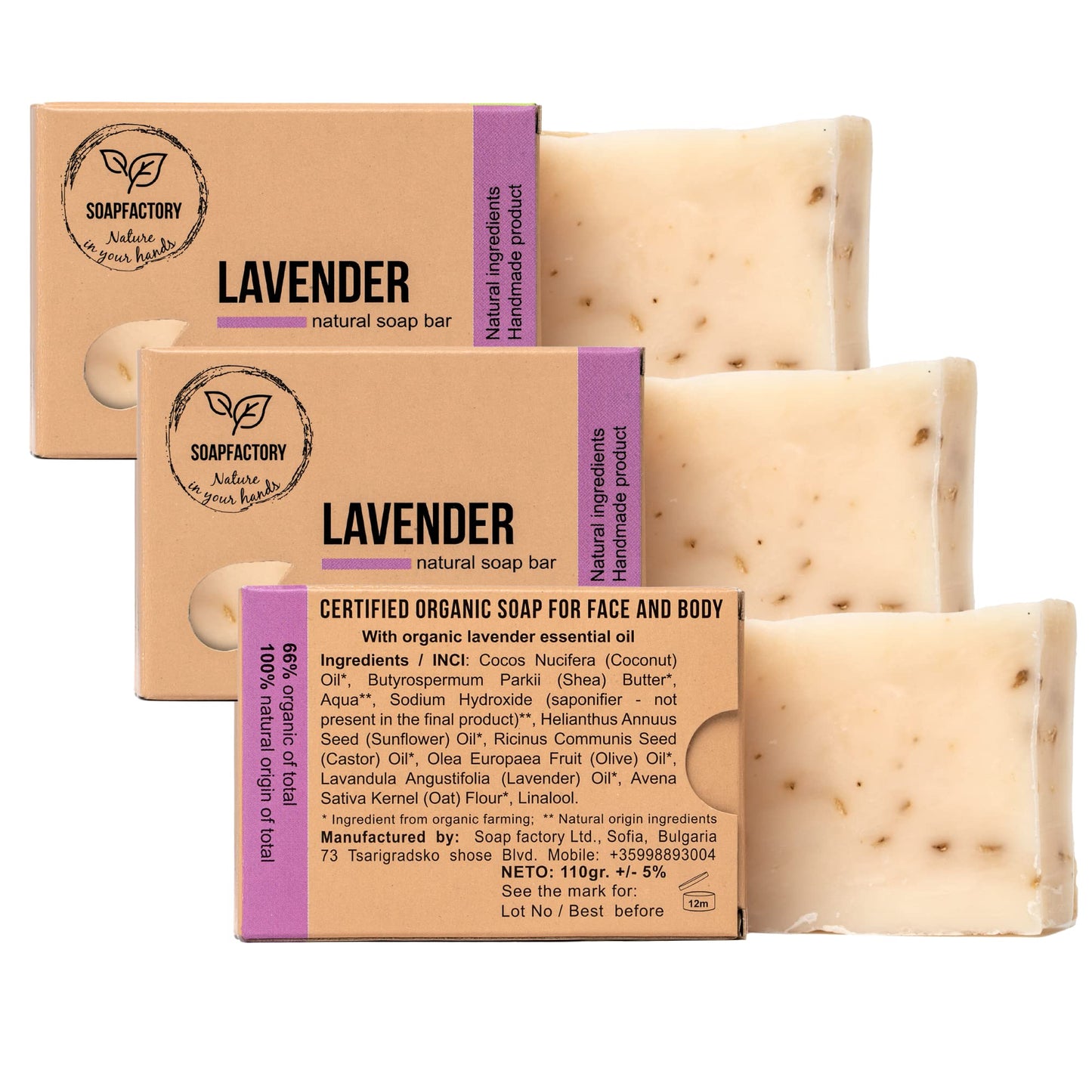 SoapFactory All Natural Oatmeal Soap with Lavender, Exfoliating Body Bar for Men and Women, Organic Certified, Vegan, Cruelty Free, Handmade, 3.88 ounce (Pack of 3)