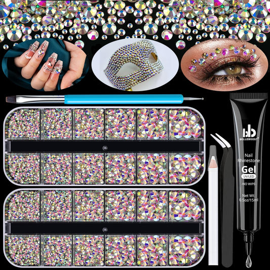 Rhinestones for Nails, Manicure Kit with Nail Rhinestone Glue Gel, 2-6mm Flat Back Glass Crystal AB Gemstones + Gem Glue for Nails (UV/LED Needed), Round Nail Art Gems Beads with Dotting Tools