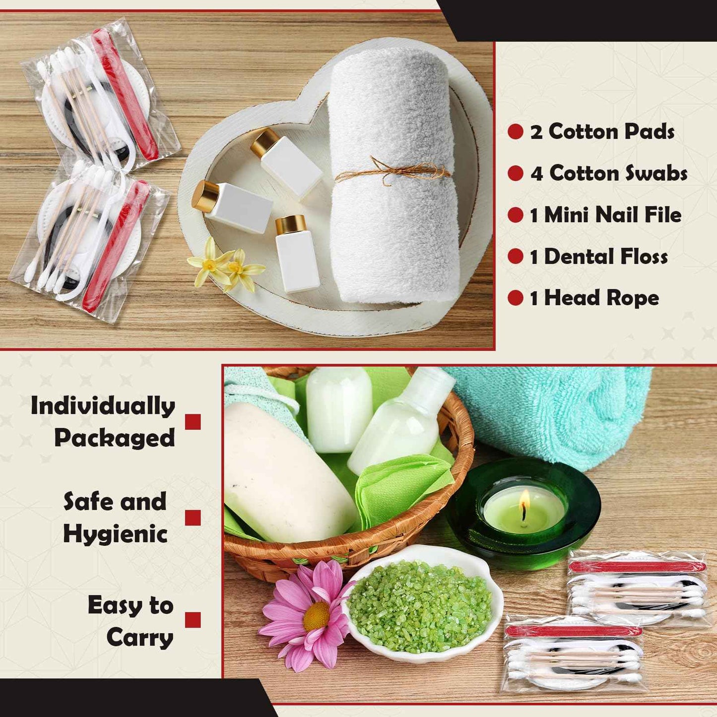 Tondiamo 100 Set Hotel Vanity Kit Individually Wrapped Travel Size Hotel Hospitality Kit Include Disposable Cotton Pads, Cotton Swabs, Hair Tie, Nail File, Dental Floss for Motels Toiletries