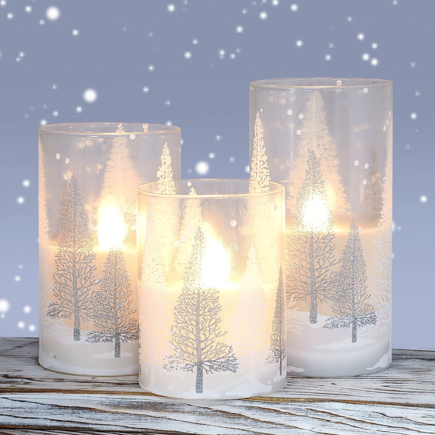 PETRISTRIKE Christmas Flameless Candles with Timer, Holiday Led Glass Candles, Flickering Battery Operated Pillar Candles for Christmas Home Decorations