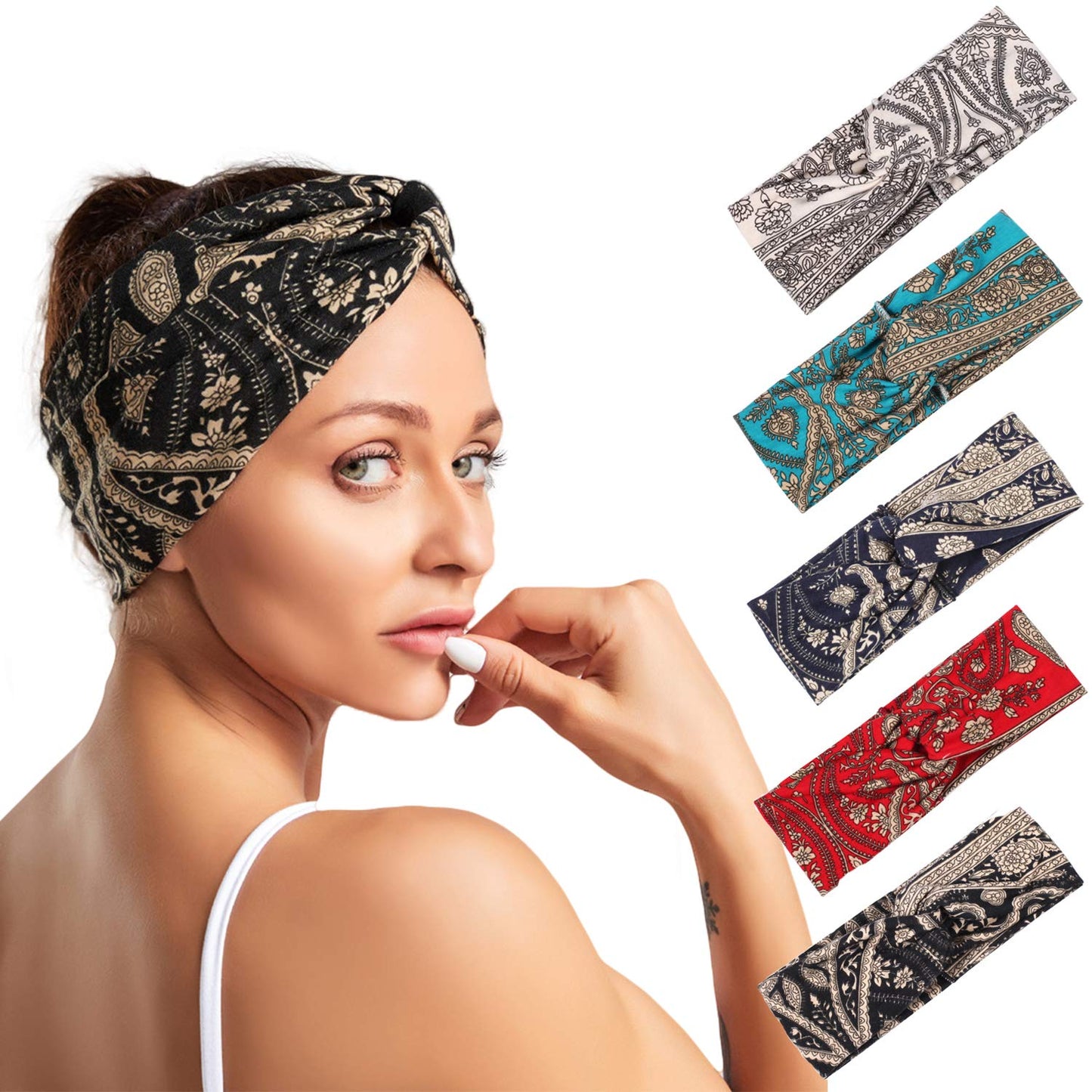 DINPREY Women's Bandana Print Head bands Wide Bandana Headwraps Twist Turban Knot Sweatbands Boho Headbands Sports Head Scarfs Yoga Hair Band (5 Pack Retro Flower)