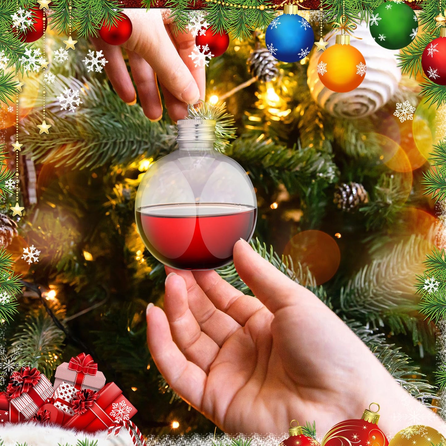 12 Pcs Christmas Drink Balls 3 Inches Drink Ornament Balls Iridescent Christmas Fillable Drinks Christmas Hanging Booze Balls Juice Pendant Bottle Bulbs for Party Decor 250ml