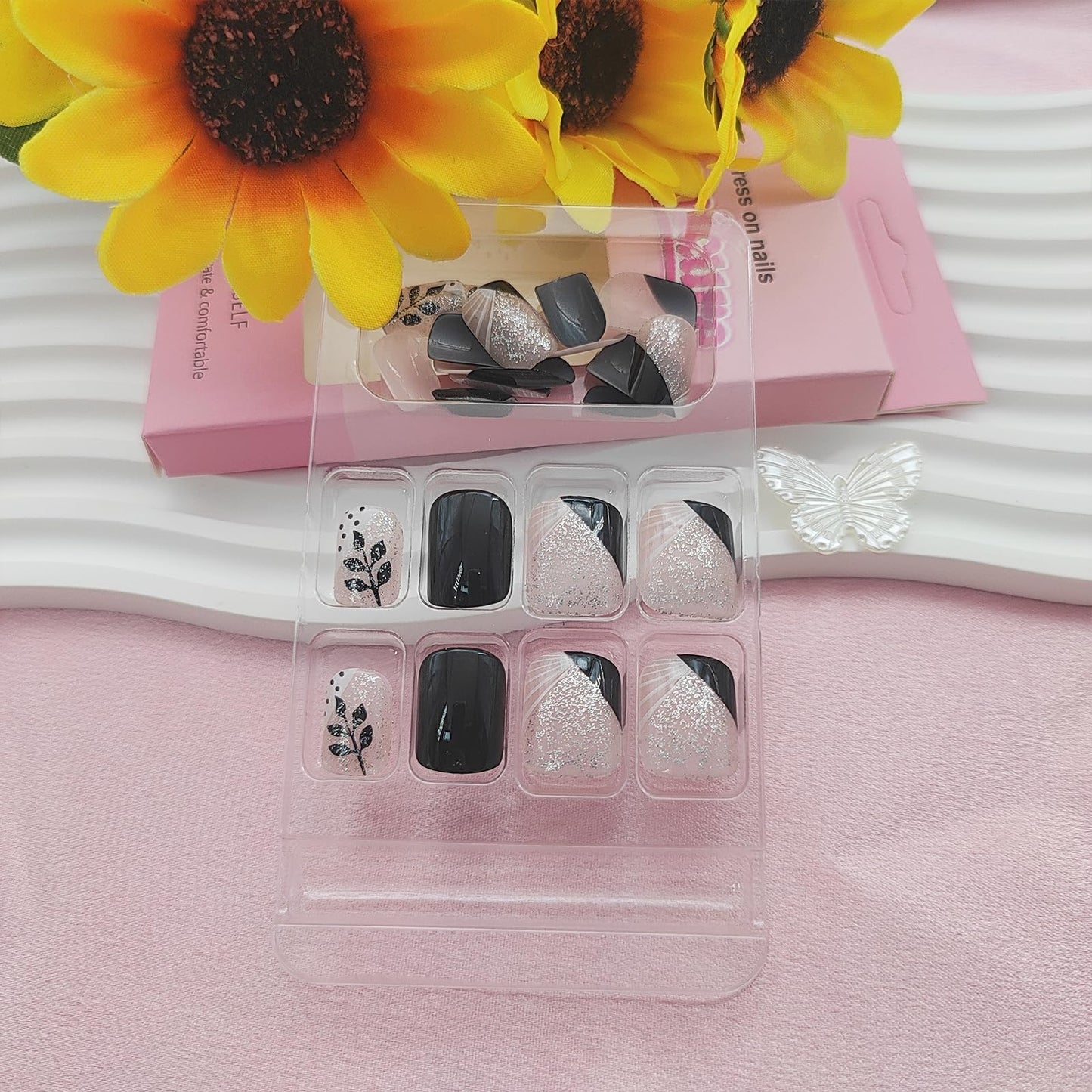 Fall Press on Nails Short Square Fake Nails with Leaves & Glitter Designs French Tip Press ons Glossy Glue on Nails Black False Nails Artificial Stick on Nails for Women 24Pcs