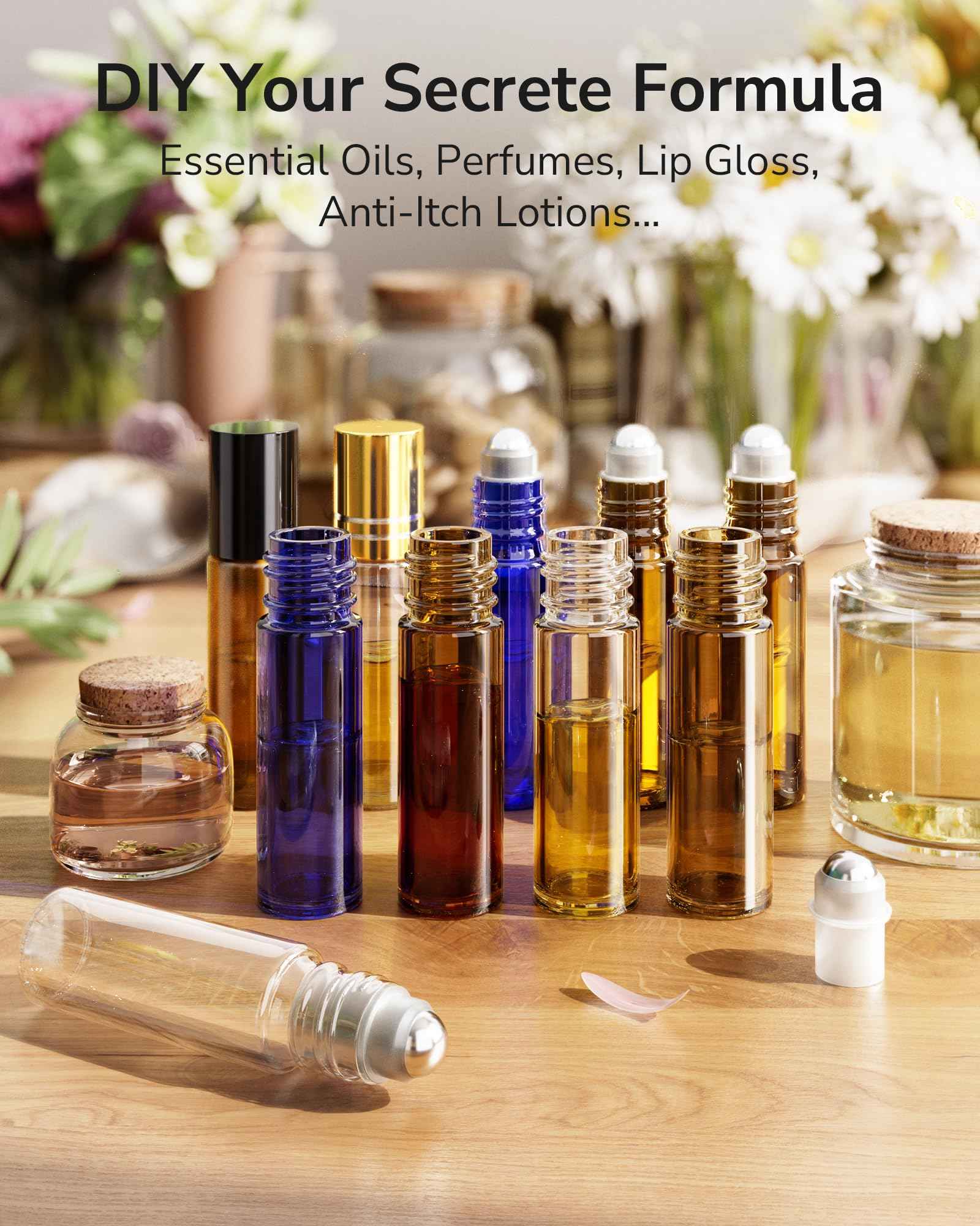 ULG 24-Pack Essential Oil Roller Bottles 10ml, Empty Bottles with Stainless Steel Roller Balls and Waterproof Labels, Amber Roller Balls For Essential Oils