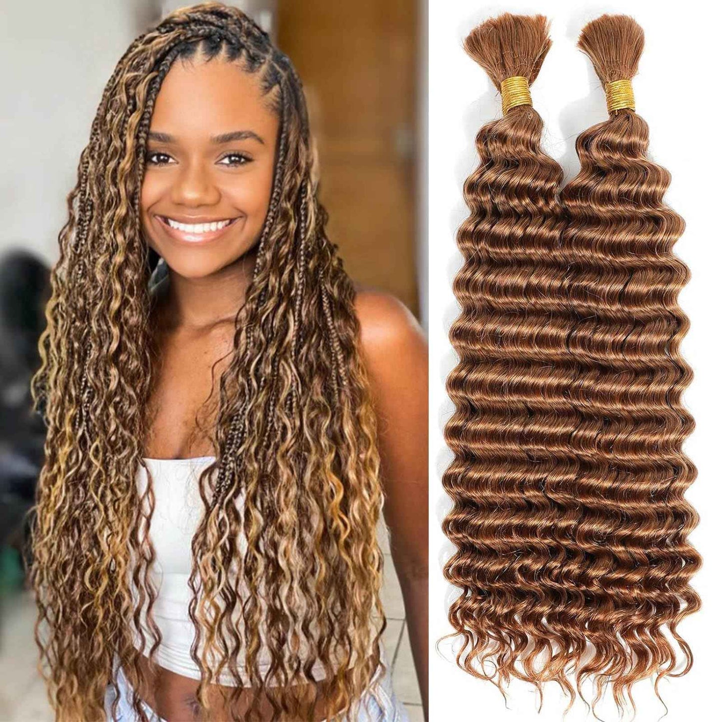 Habiliana 30 Auburn Brown Deep Wave Bulk Human Braiding Hair 2 Bundles Total 100g 18 Inch Human Hair Bundles Braiding Brazilian Virgin Curly Human Hair Extensions for Boho Braids