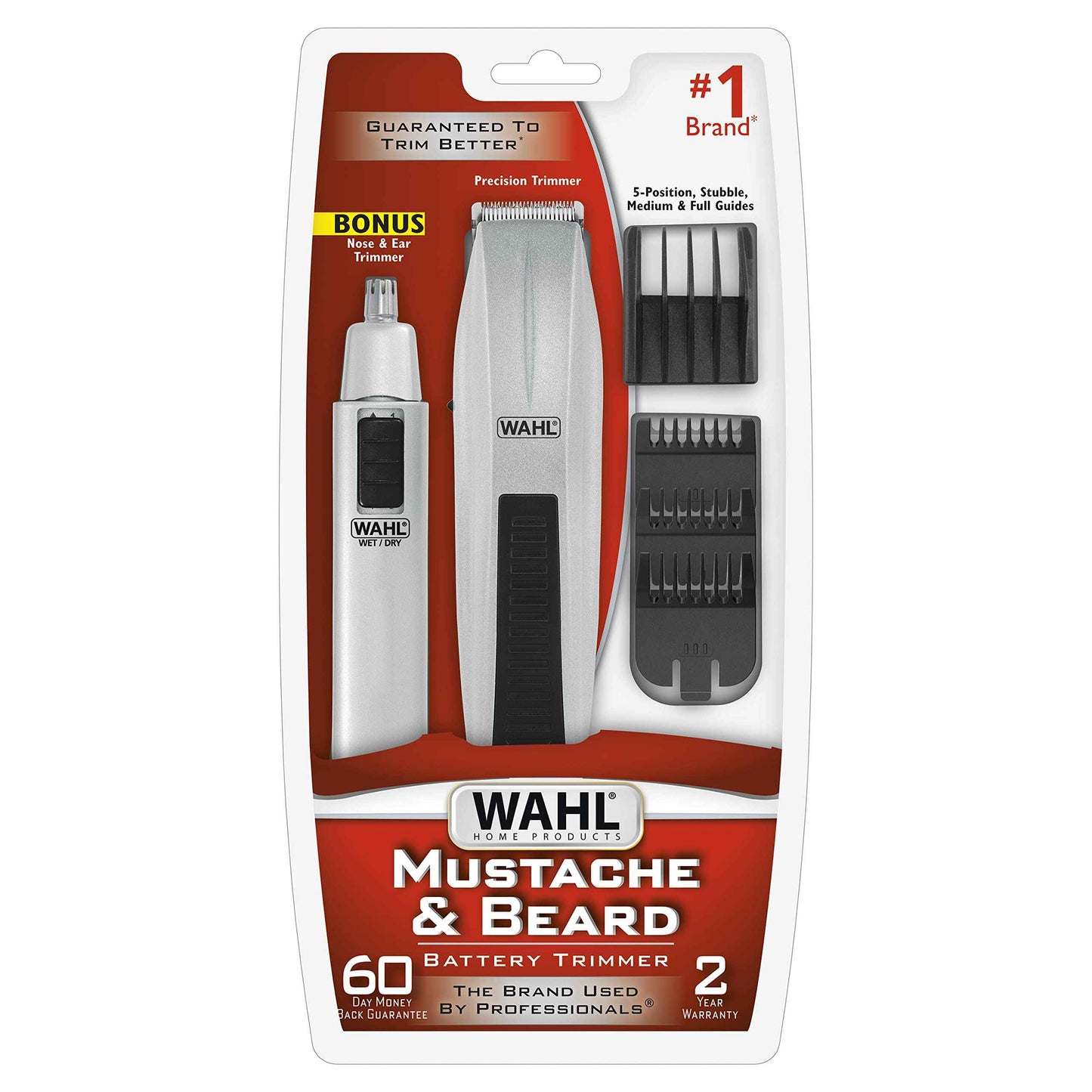 Wahl Beard Trimmer for Men - Battery Operated Facial Hair Grooming Set for Mustaches, Beard, Neckline, Light Detailing and Grooming with Bonus Battery Nose & Ear Hair Trimmer - Model 5537-420