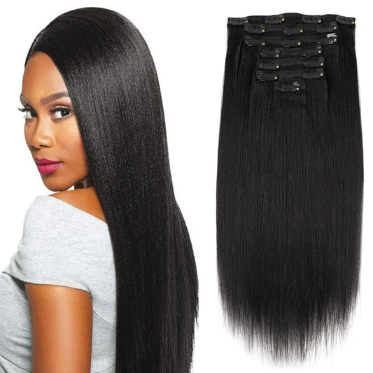 Sassina 24 Inch Light Real Remy Yaki Straight Clip in Human Hair Extensions,Natural Black Real Virgin Human Hair Extensions 7 Pieces 120 Gram with 17 Clips