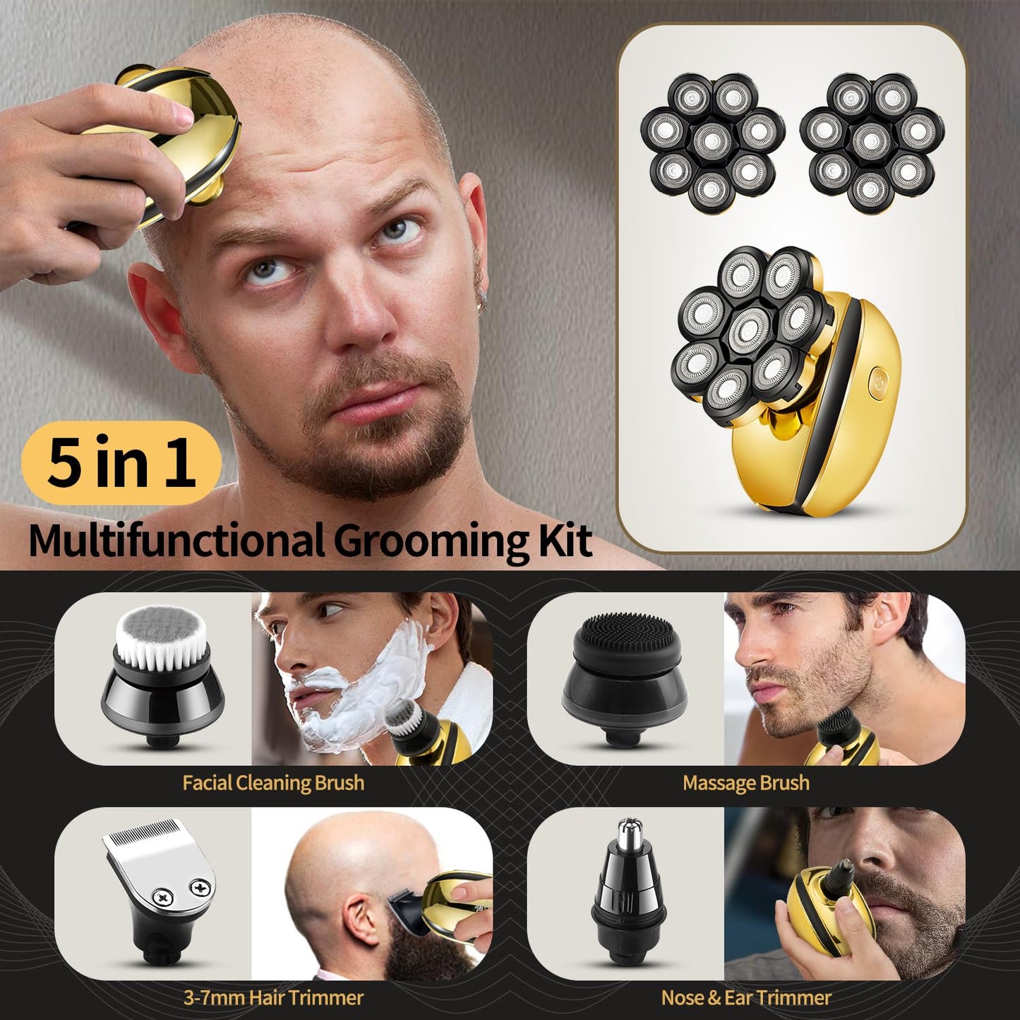 Head Shavers for Bald Men Upgraded 5 in 1 Electric Shavers for Bald Head Cordless Head Razors with Nose & Ear Trimmer Waterproof Wet Dry Mens 8 Heads Electric Razor for Shaving
