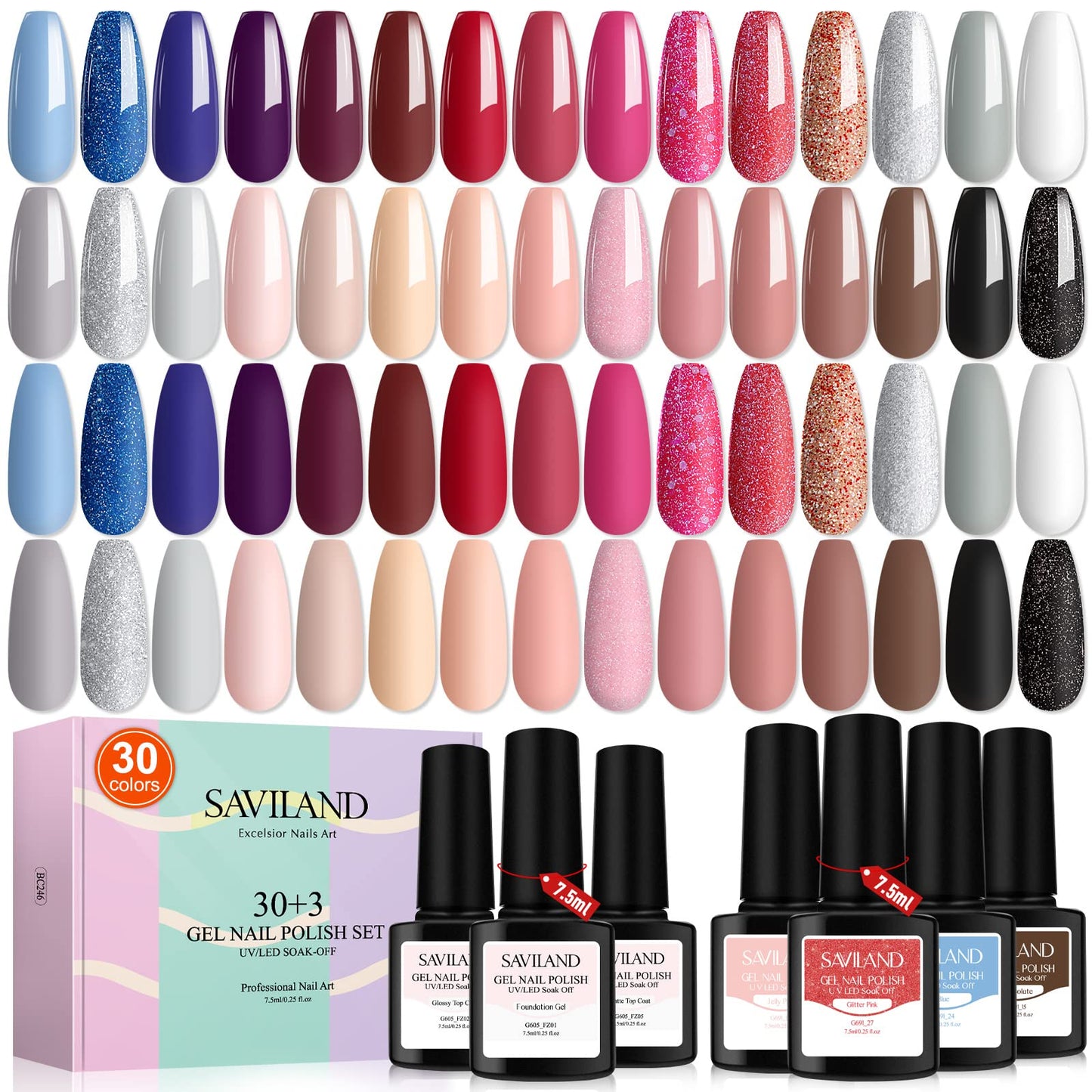 SAVILAND 33PCS Gel Nail Polish Set Christmas Colors Gel Polish Kit 7.5ml Glitter White Nudes Pink Polish Soak Off U V LED Gel with Gel Foundation Base, Glossy & Matte Gel Top Gel Gift for Holiday