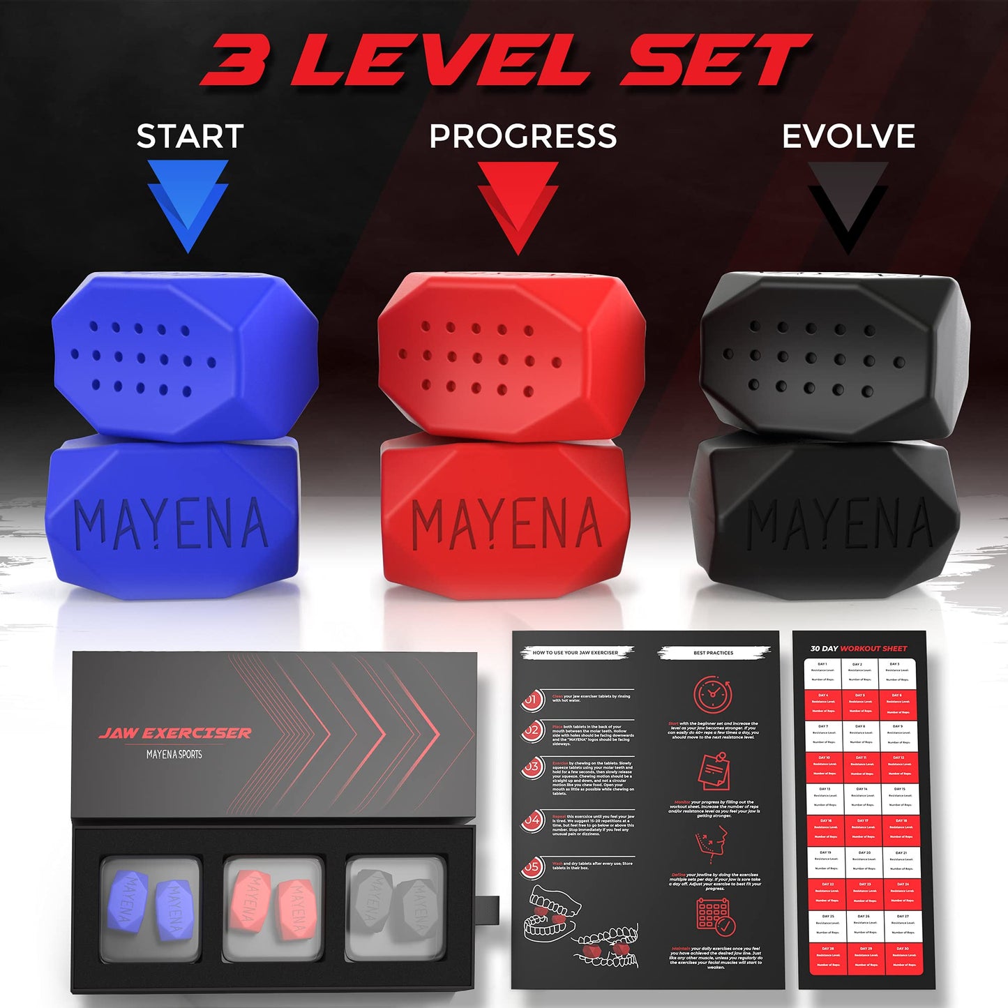 Mayena Jaw Exerciser for Men & Women – 3 Resistance Levels (6 pcs) Silicone Jawline Exerciser Tablets – Powerful Jaw Trainer for Beginner, Intermediate & Advanced Users – Slims & Tones the Face