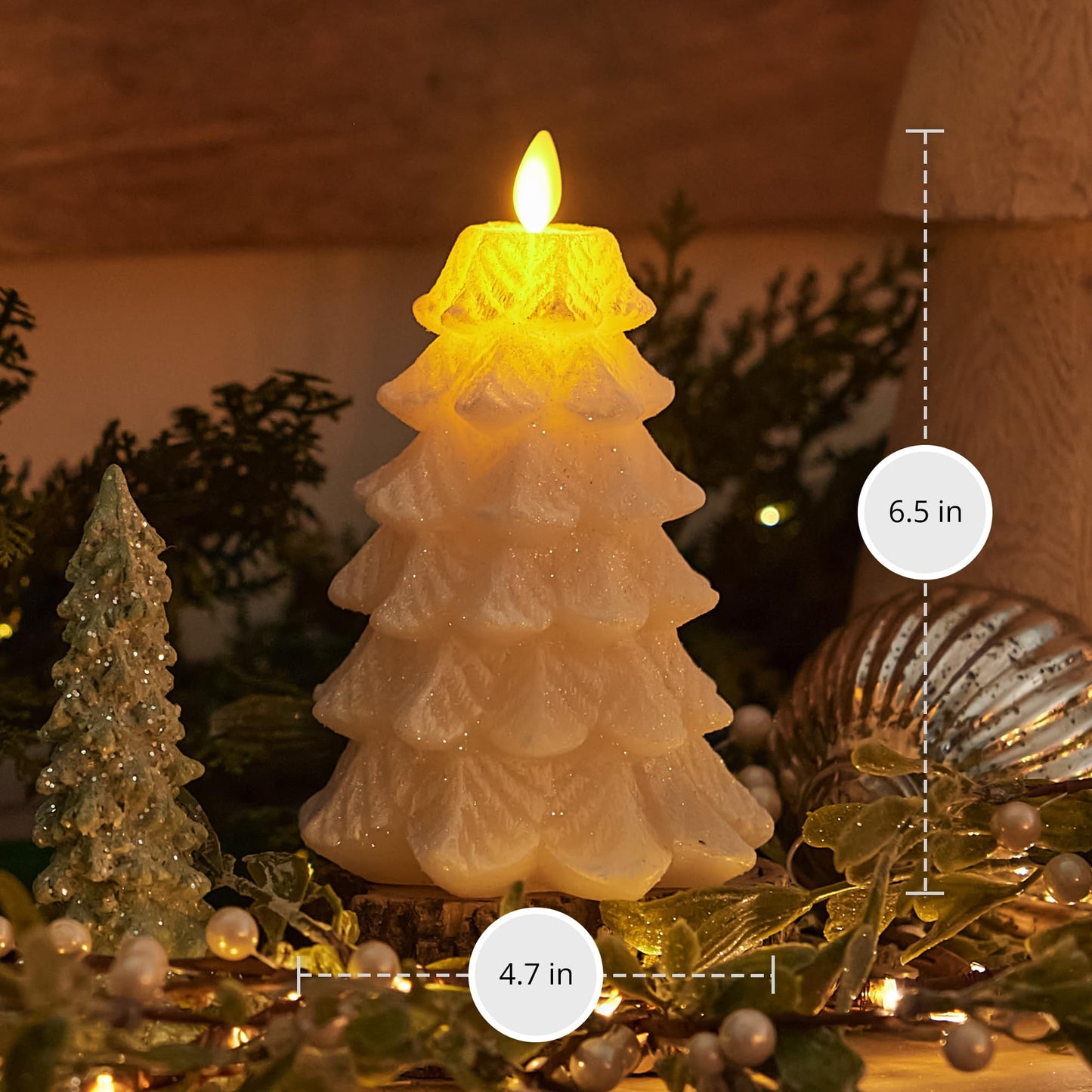 Luminara Christmas Tree Flameless Candle Glitter and Snow Finish Moving Flame Effect LED Candle, Timer, Remote Ready, Holiday Decoration (4.7" x 6.5", White Swan)