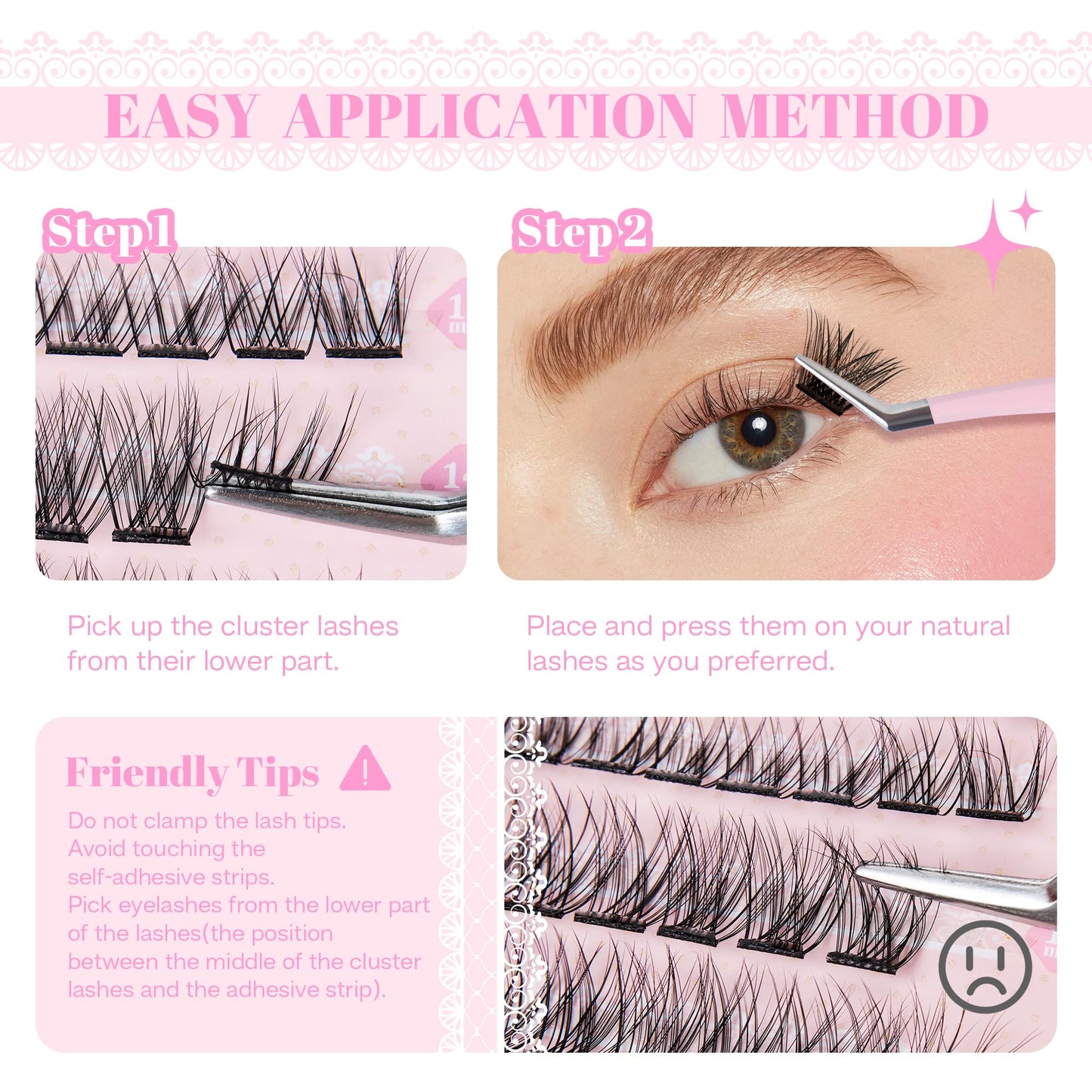 CALAILIS Self Adhesive Eyelashes 66Pcs Lash Clusters Press On Lashes, No Glue Needed Reusable DIY Eyelash Extensions Kit Pre Glued Eyelash Clusters with Lash Tweezers(A10,D-10-16mix)