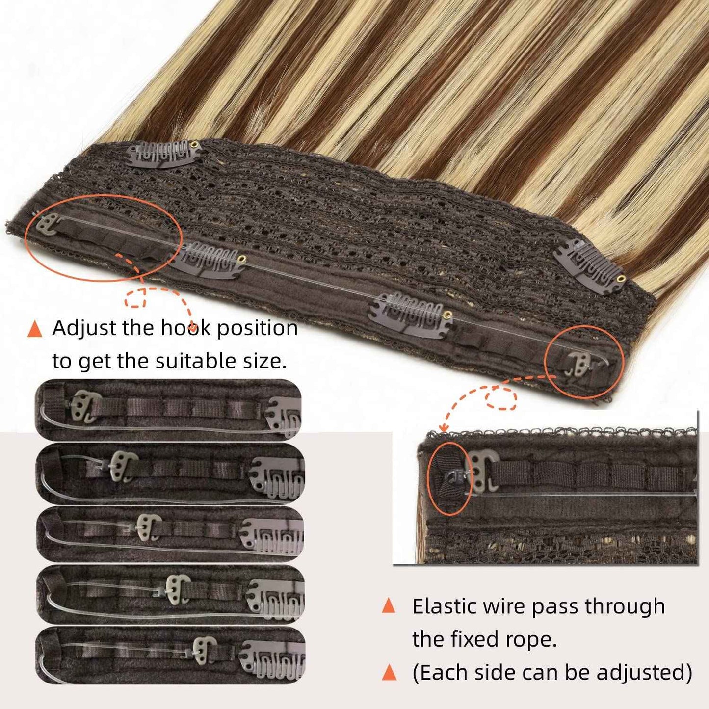 Wire Hair Extensions Real Human Hair One Hairpiece for a Full Head with Invisible Fish Line Brown Highlighted Golden Blonde 14 Inch 80g #4/613 Fish Wire Hair