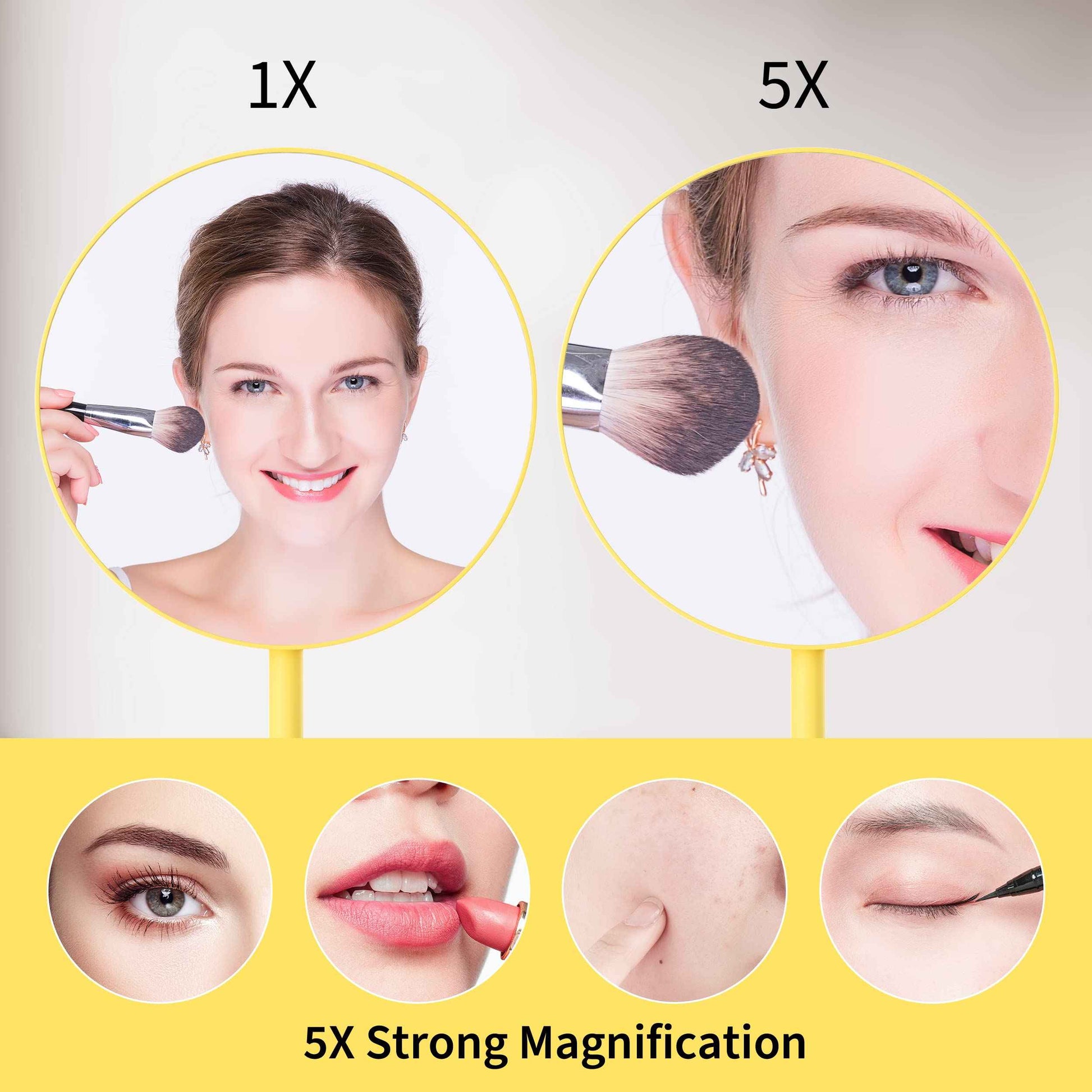 Dual-Sided Magnifying Makeup Mirror, 6.5 Inch, 5X and 1X Magnification, Standing Vanity Mirror for Desk (Yellow, 6.5 Inches)