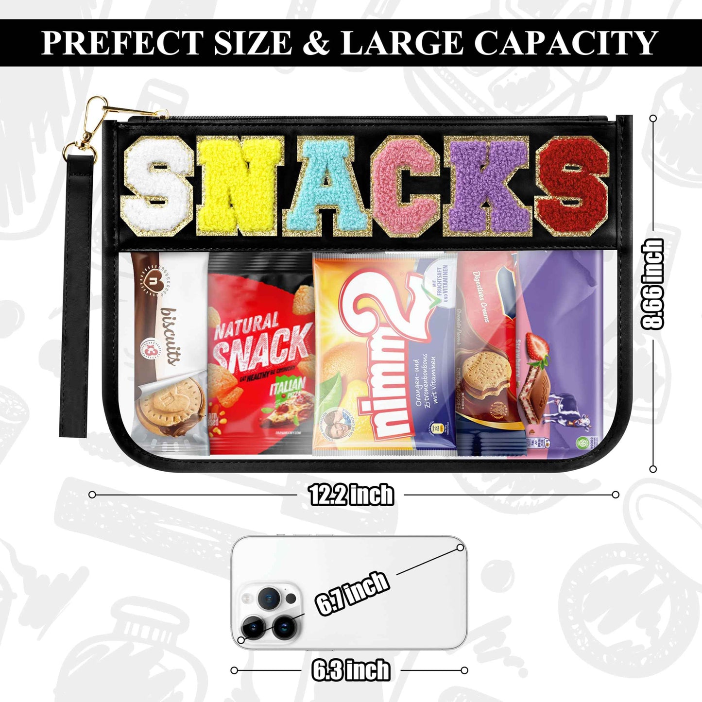 WOPIPAL Snack Bag for Travel & Makeup - Clear Chenille Letter Zipper Pouch, Waterproof Cosmetic Tote Bag for Women & Girls (Black)