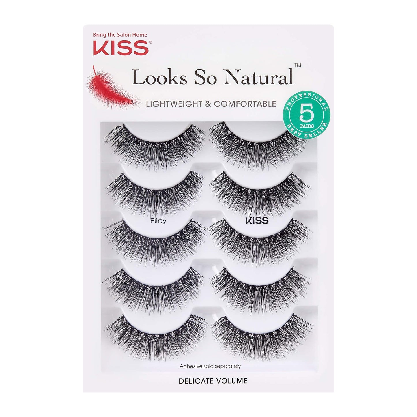 KISS Looks So Natural False Eyelashes Multipack, Lightweight & Comfortable, Tapered End Technology, Reusable, Cruelty-Free, Contact Lens Friendly, Style 'Flirty', 5 Pairs Fake Eyelashes Black