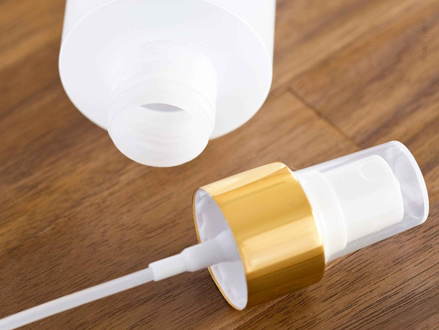 JUVITUS 8 oz Clear Natural Refillable Plastic Squeeze Bottle with Gold Metal Fine Mist Sprayer - (6 Pack)