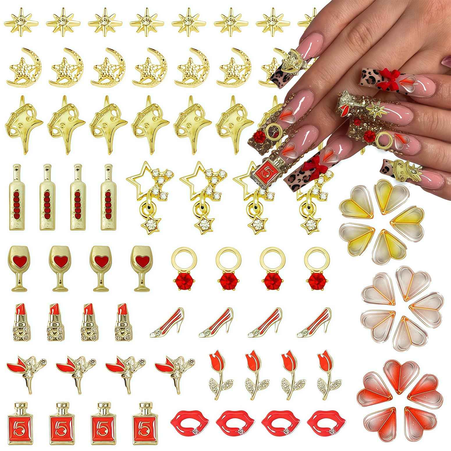 Pizadix 100 Pcs Gold Red Nail Charms Y2K with Lipsticks, Wine Bottles, Wine Cups, Lips, Tulips, Stars, High Heels, Perfume Bottle