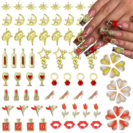 Pizadix 100 Pcs Gold Red Nail Charms Y2K with Lipsticks, Wine Bottles, Wine Cups, Lips, Tulips, Stars, High Heels, Perfume Bottle