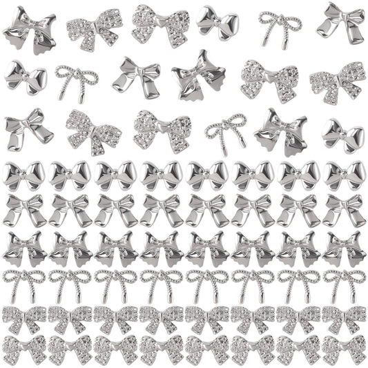 HINZIC 120Pcs Silver Bow Nail Charm 6 Styles Bowknot Bows Glitter Acrylic Pearls Kawaii Wedding Prom Decoration for Women Girls Phone Cases Scrapbook Envelope Hair Clips Cards Making