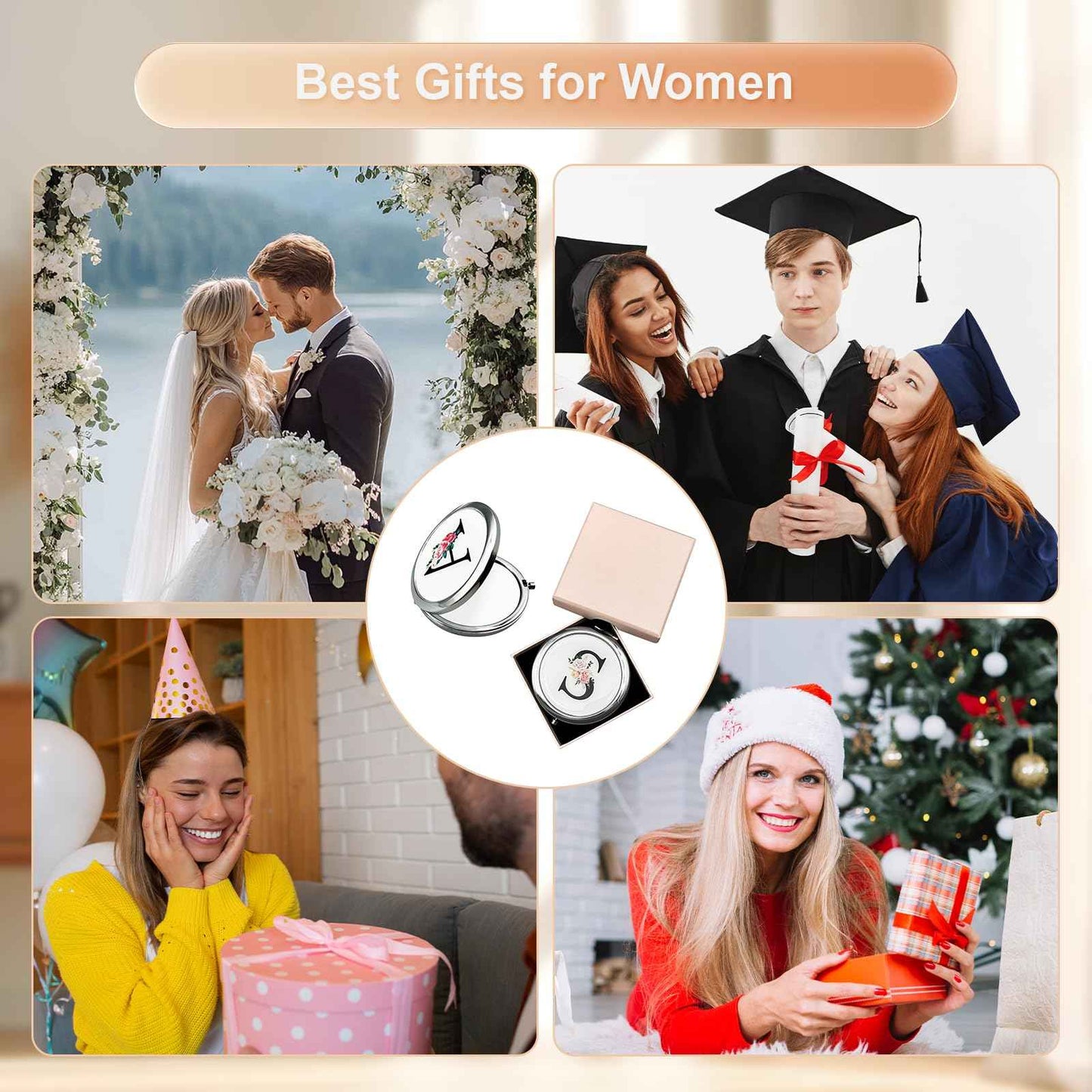 JEKUGOT Personalized Makeup Mirror Small Mirror Pocket Mirror Bride To Be Gifts Engagement Gifts Personalized Gift Mirrors A-Z Gifts for Women Birthday Gifts(M)