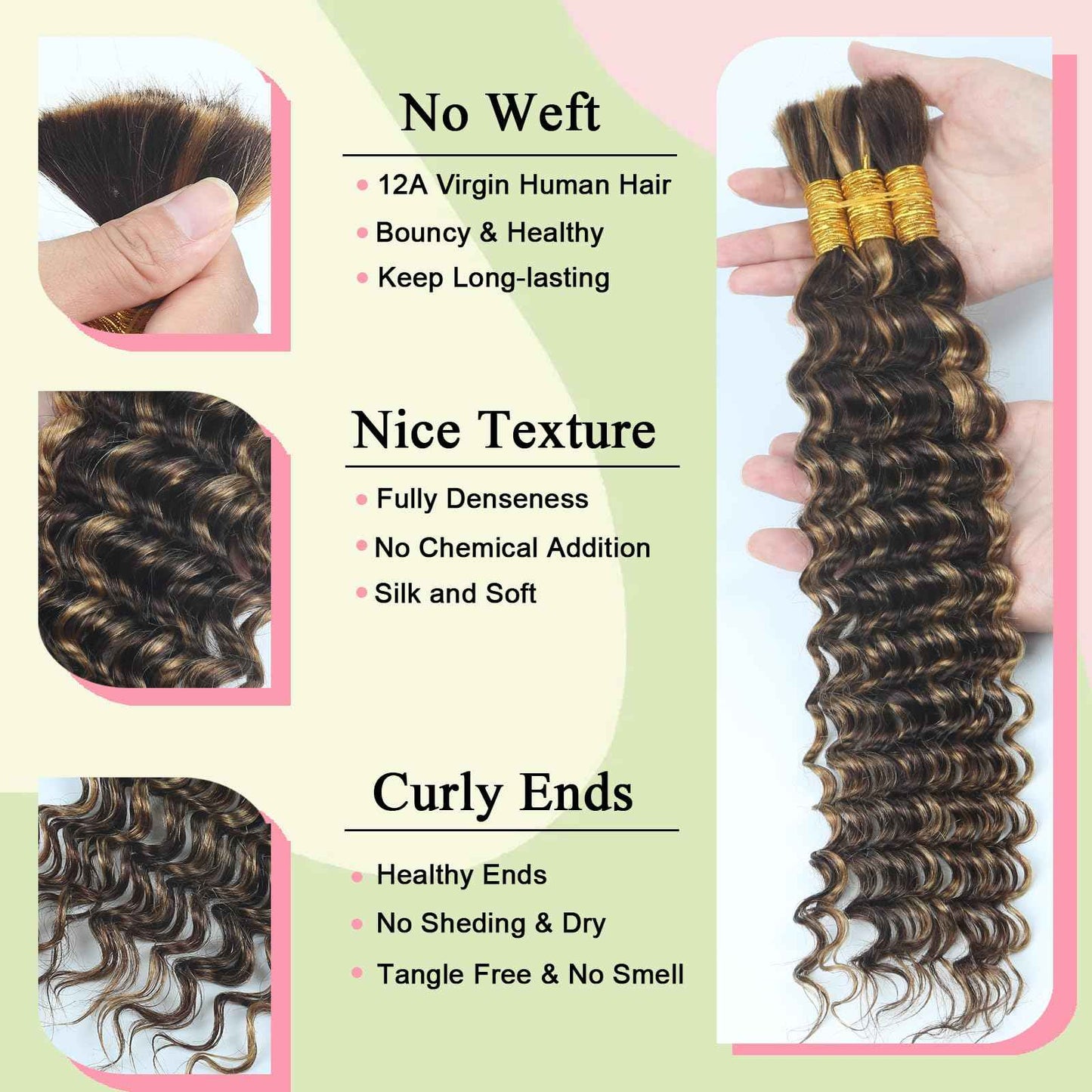 Boho Braids Human Hair for Braiding 110g 20 Inch 12A Deep Water Wave Bulk Human Braiding Hair for Boho Braids Knotless Highligts Wet and Wavy Virgin Extensions Bohemian No Weft Curly 3 Bundles P4/30