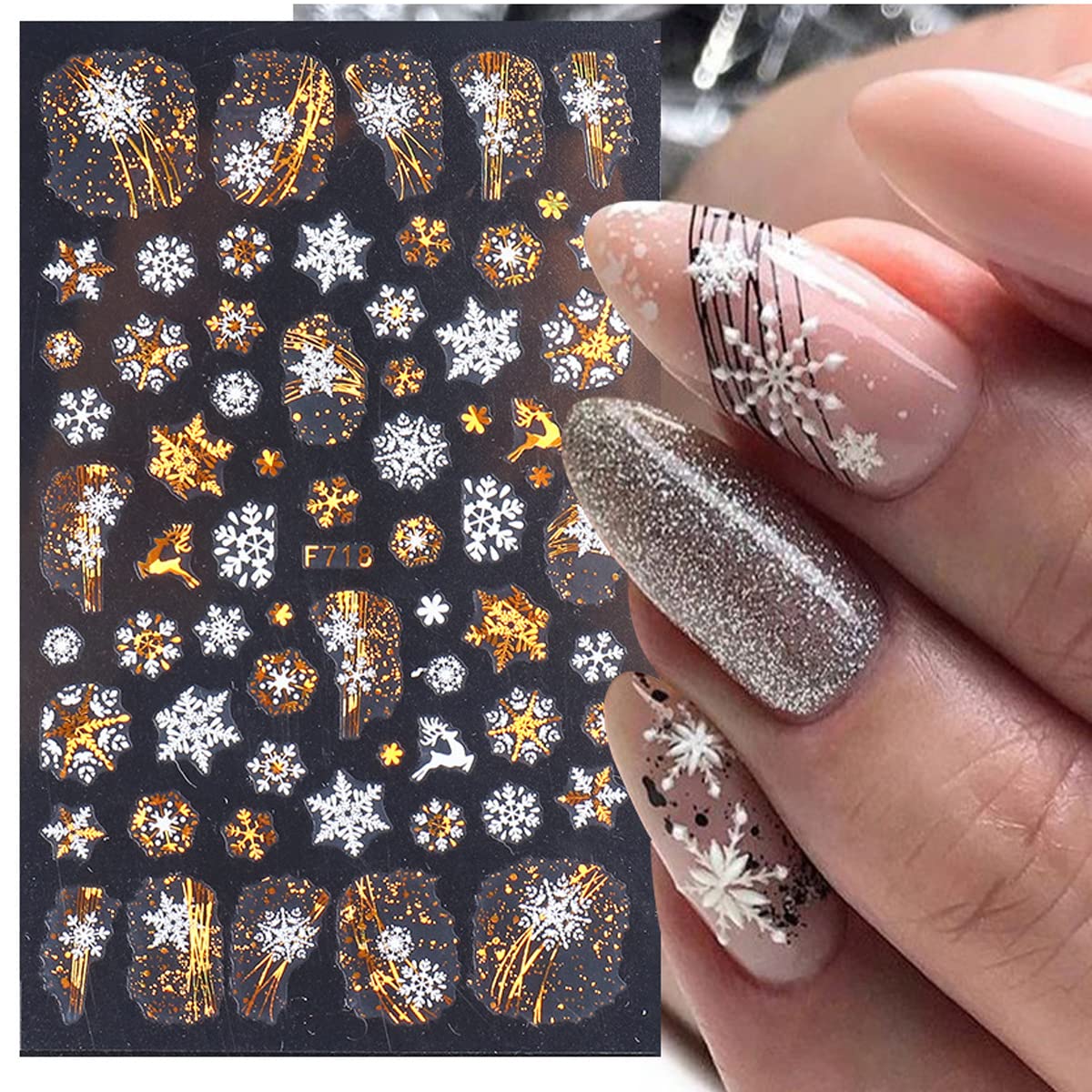 8 Sheets Gold Snowflake Nail Art Stickers Christmas Nail Decals 3D Self-Adhesive Winter Nail Supplies Xmas Snowflake Nail Stickers Bronzing Designs Holiday Nail Charms for Women Girls Nail Decorations