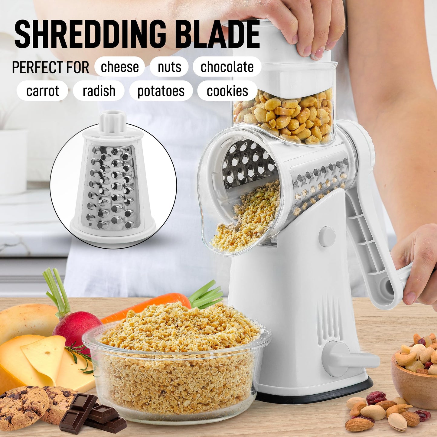 Zulay Rotary Cheese Grater 5 Blade Cheese Shredder - Manual Hand Crank Cheese Grater With Reinforced Suction & 5 Interchangeable Drums - Easy to Use Vegetable Chopper - Brilliant White