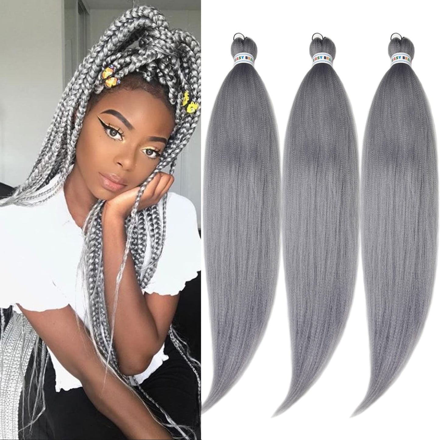 Grey Braiding Hair Pre Stretched Kanekalon Long Braiding Hair 26 Inch Fake Synthetic Hair for Braiding Extensions Micro Crochet Clean Therapy Prestretched Prestressed Braiding Hair UPruyo (3 Packs)