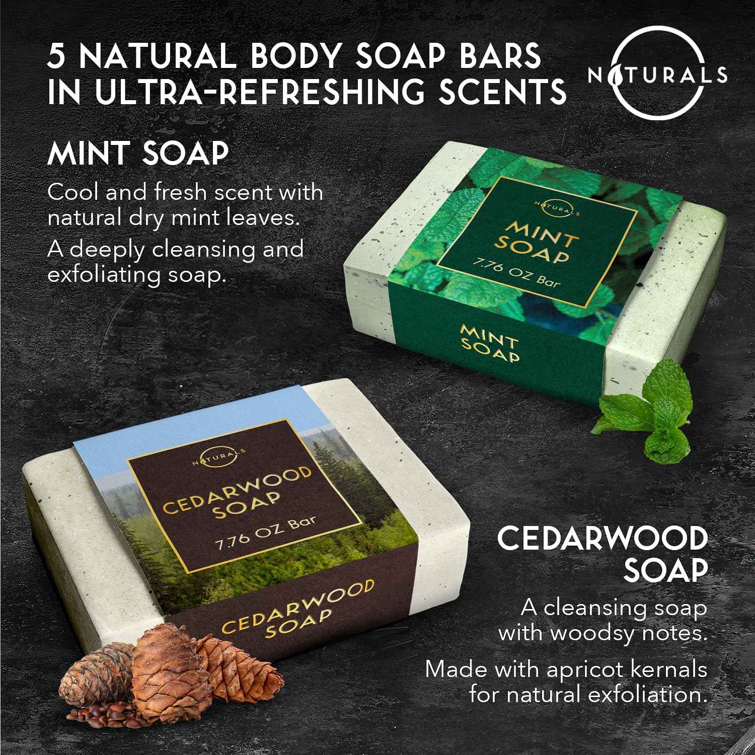 O Naturals 5PC Mens Soap Gift Sets, Gifts for Men, Organic Bar Soap for Men, Mens Gift Set Exfoliating Soap Cedarwood & Mint, Mens Bar Soap in Citrus, Olive Oil, African Black Soap, Soap Gifts For Men