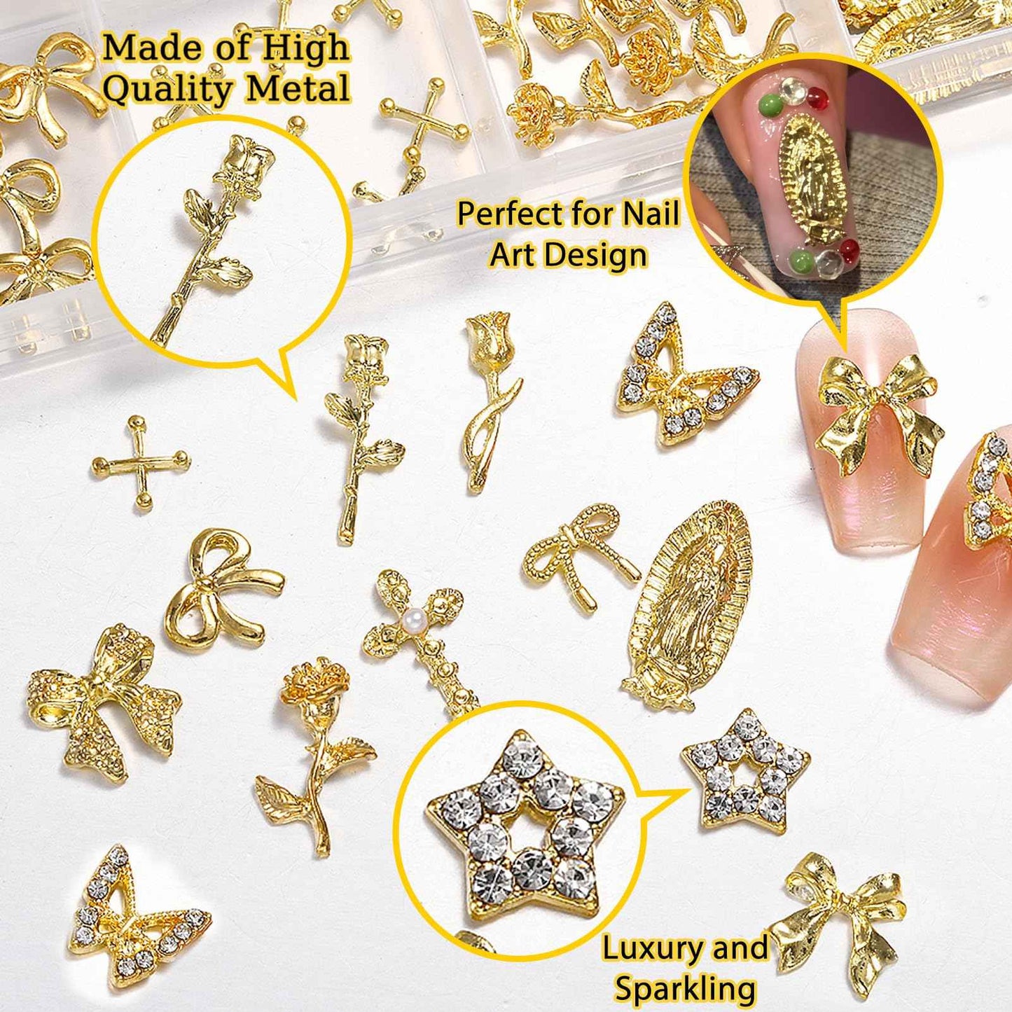 ZUMILLMN 96PCS 3D Nail Charms - Gold Alloy Bow, Rose,Butterfly,Cross,Star,Virgin Mary & Coin Charms, Shiny Nail Rhinestones for Nail Art, Manicure, DIY Jewelry Making（96pcs）