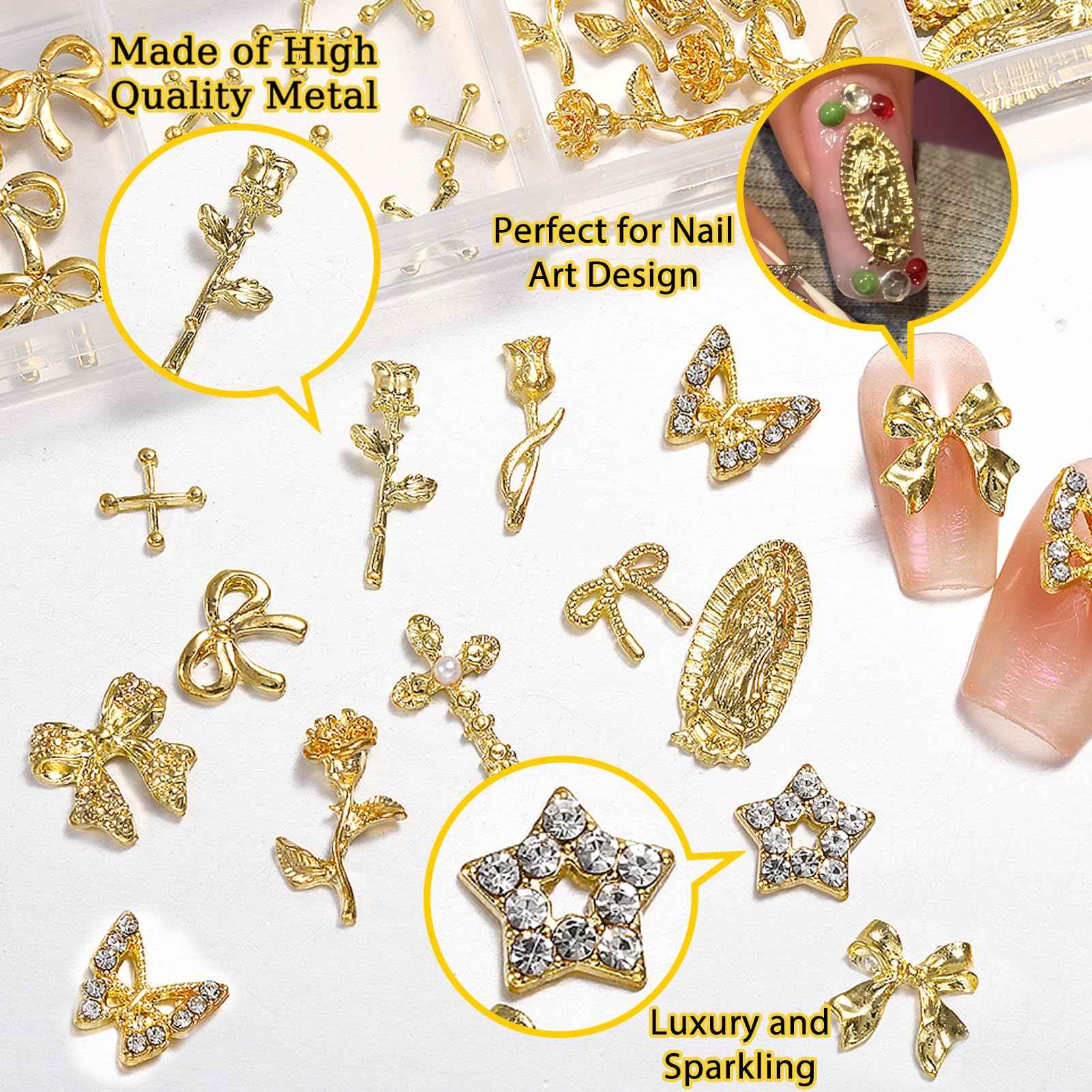 ZUMILLMN 96PCS 3D Nail Charms - Gold Alloy Bow, Rose,Butterfly,Cross,Star,Virgin Mary & Coin Charms, Shiny Nail Rhinestones for Nail Art, Manicure, DIY Jewelry Making（96pcs）