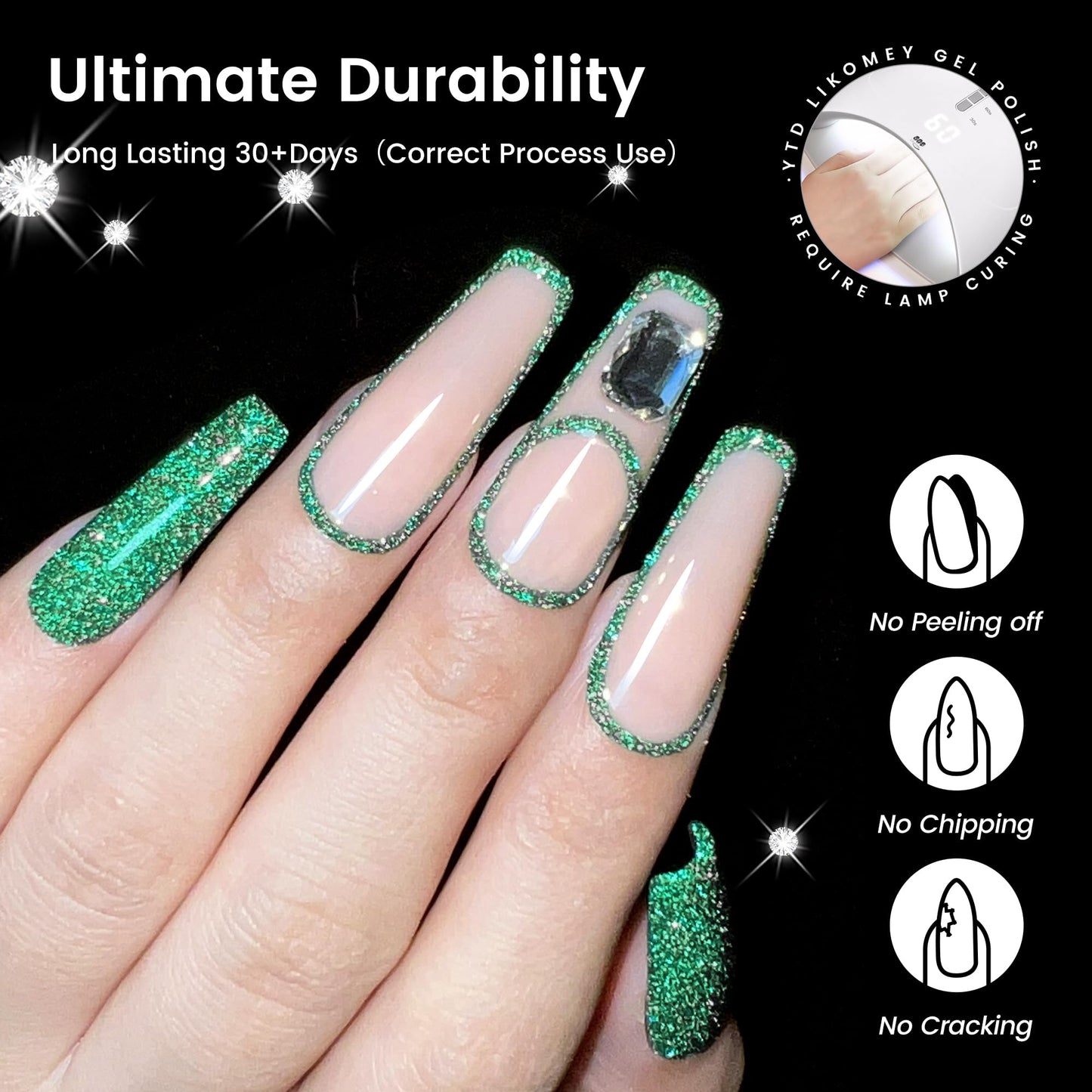 YTD Likomey Reflective Glitter Gel Nail Polish,15ml Green Flash Diamond Shimmer Nails Gel,Sparkly Shiny Salon Home Nail Art Manicure UV Nail Gel,SZ002