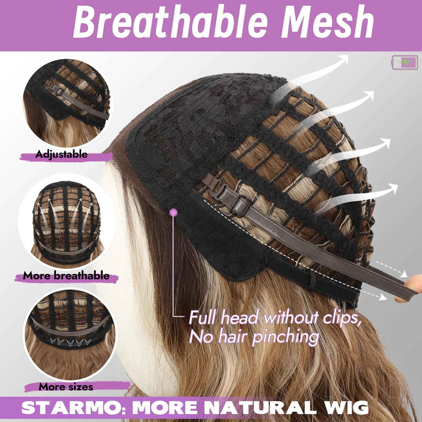 Starmo Ombre Light Brown With Blonde Short Wavy Bob Glueless Synthetic Lace Front Wig for Women Pre Cut for Beginners Natural Hairline 14 Inch