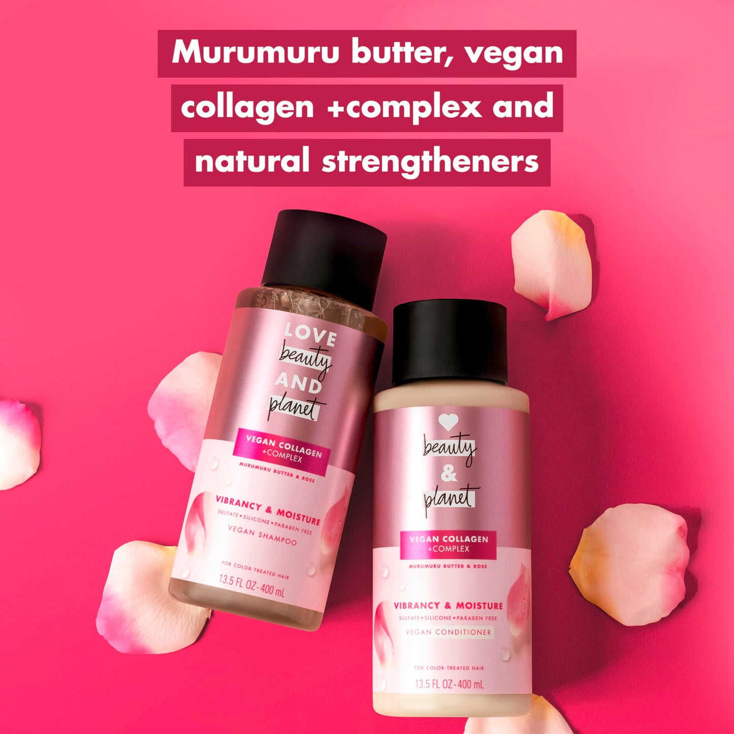 Love Beauty and Planet Vegan Collagen Moisture Conditioner Murumuru Butter & Rose, for Color-Treated Hair Vibrancy,with a vegan,sulfate-free,paraben-free,silicone-free,and cruelty-free formula. 13.5oz