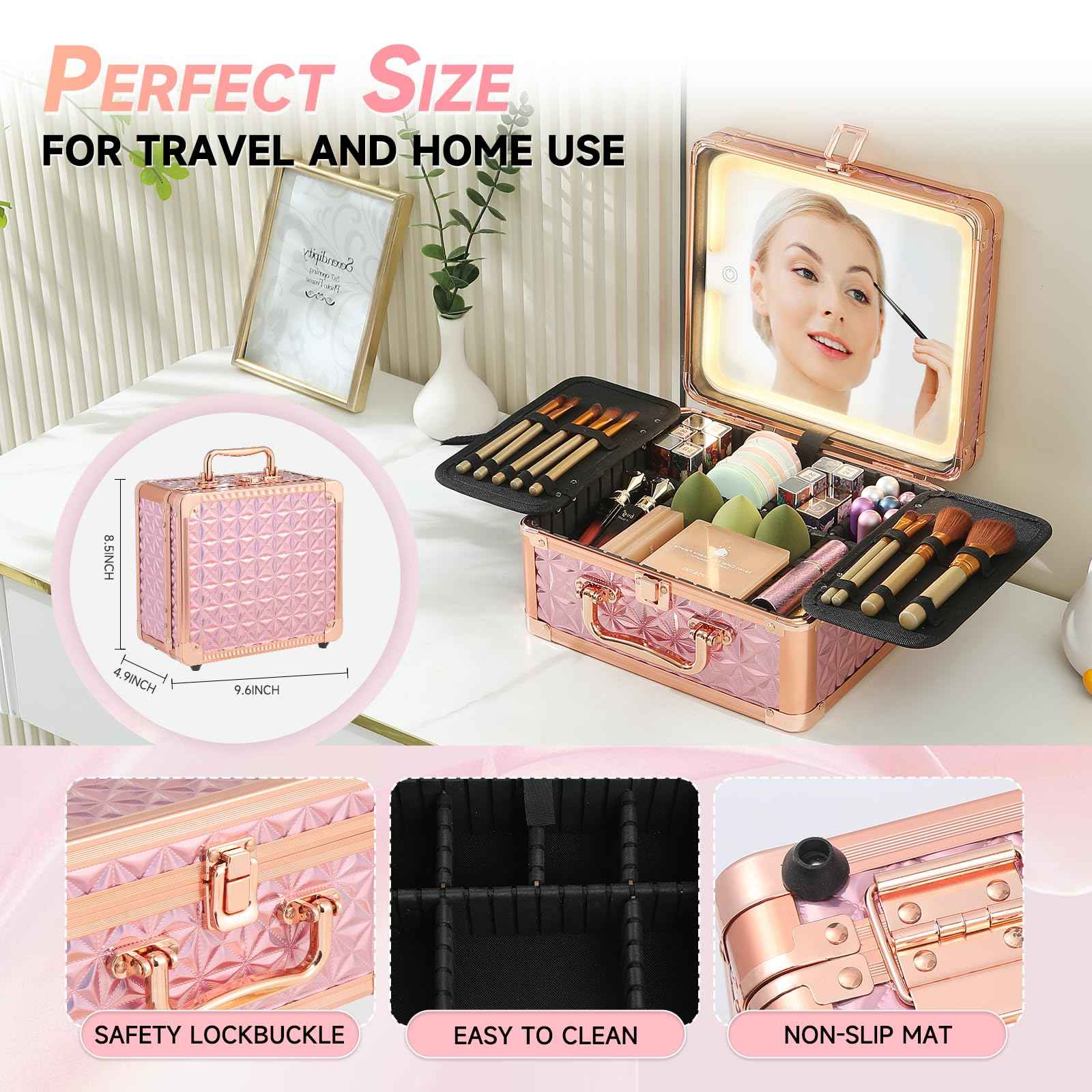 Leeora&Leekoo Makeup Box with Lighted Mirror,Portable Makeup Train Case Organizer (Pink)