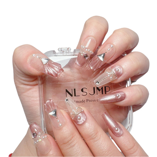 NLSJMP, 10 Nails, Size L, Handmade Long Press on Nails Ombre Balerina Acrylic Fake Nails Kit,Glitter Pearl 3D Design Nail Art Kit,Reusable False nails, Include Toolkit, Elegent