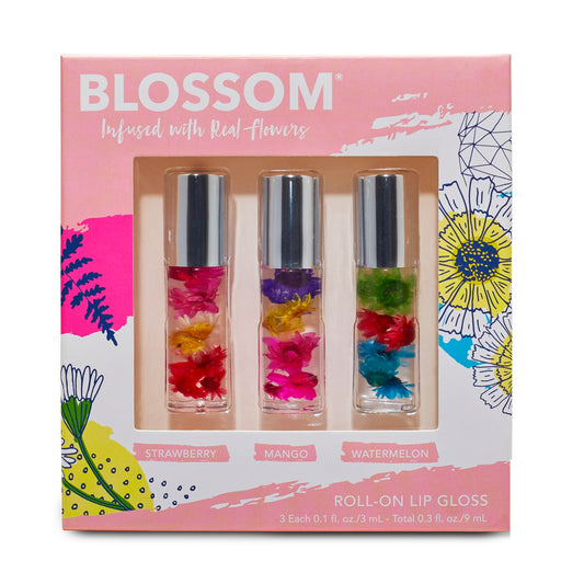 Blossom Scented Roll on Lip Gloss, Infused with Real Flowers, Made in USA, 0.3 fl. oz./9ml, 3 pack Mini Gift Set, Strawberry, Watermelon, Mango