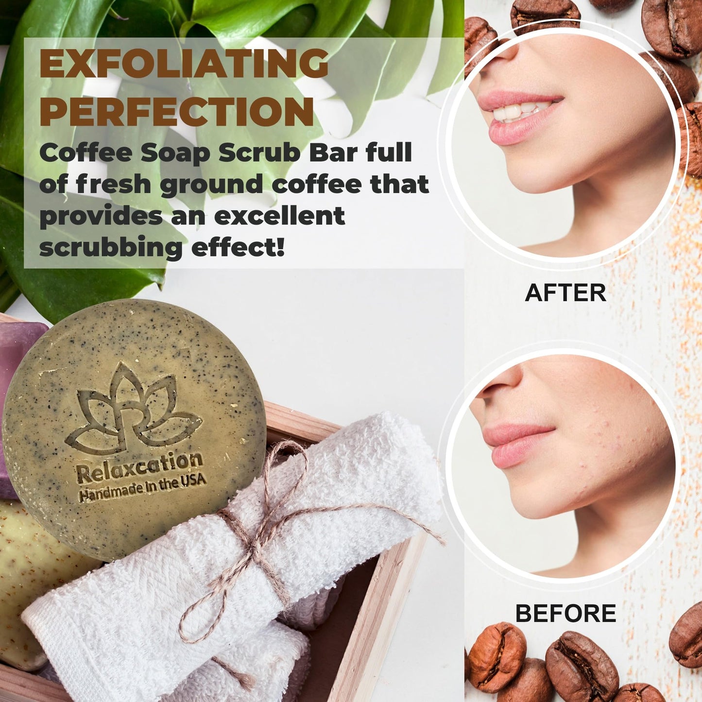 Relaxcation 100% Natural Coffee Scrub Soap Bar with Organic Cocoa Butter and Fresh Ground Coffee - Natural Cold Process Soap Handmade in USA Coffee Scrub | Coffee Latte Aroma Oil