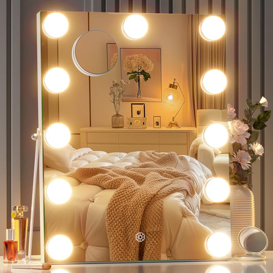 Hasipu Vanity Mirror with Lights, 11" x 14" Hollywood Mirror, Makeup Mirror with 11 Dimmable Bulbs and 10X Magnification, 3 Colors Modes, Touch Control, USB Charging Port, 360° Rotation, White