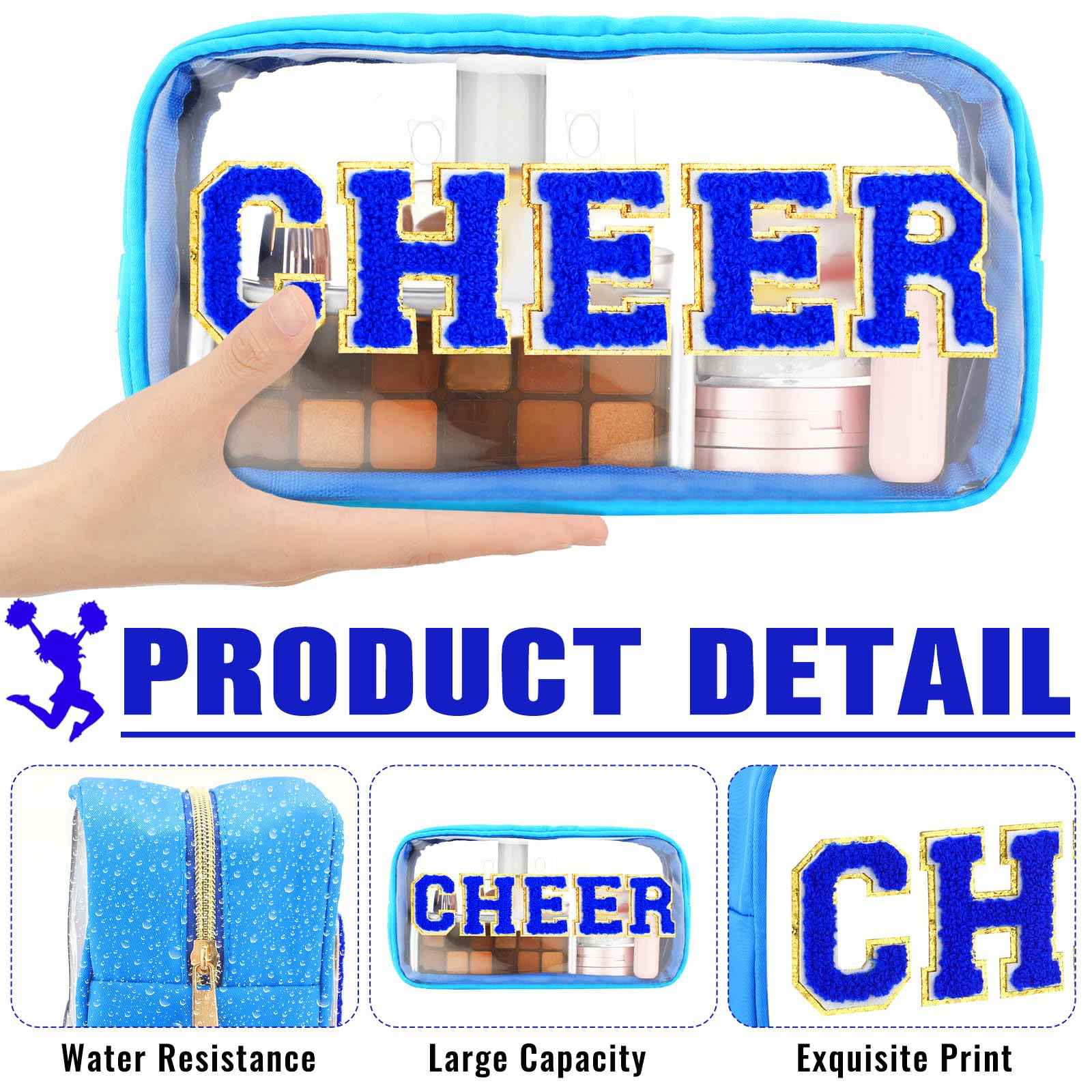 Abbylike Cheer Clear Makeup Letter Bag Cosmetic Zipper Cheers Pouch Chenille Patch Cheerleader Gifts Preppy Cheer Nylon Handmade Toiletry Bags for Women Girls Gifts (1, Blue)