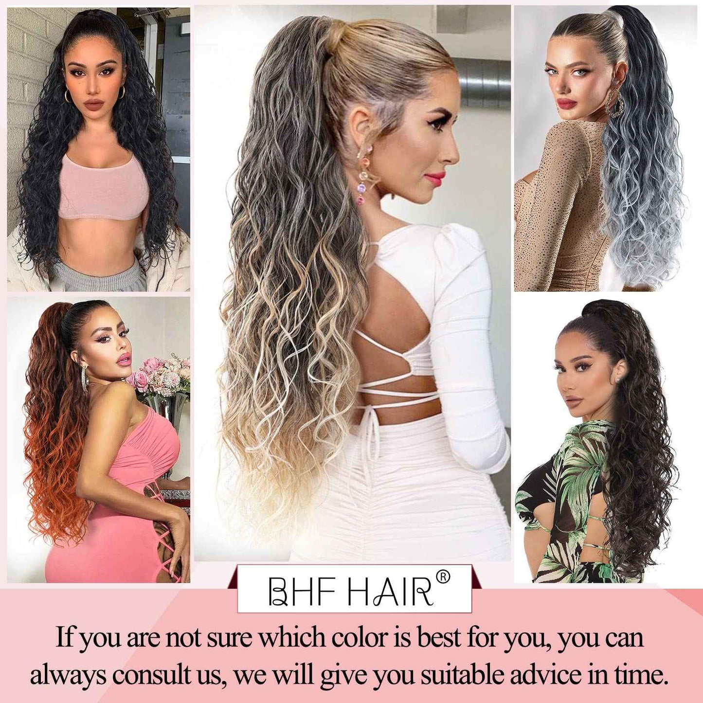 BHF HAIR Curly Drawstring Ponytail Extension 26 Inch Wavy Ponytail Clip in Curly Synthetic long Hair Extensions for Women(Brown to Blonde 6OZ)