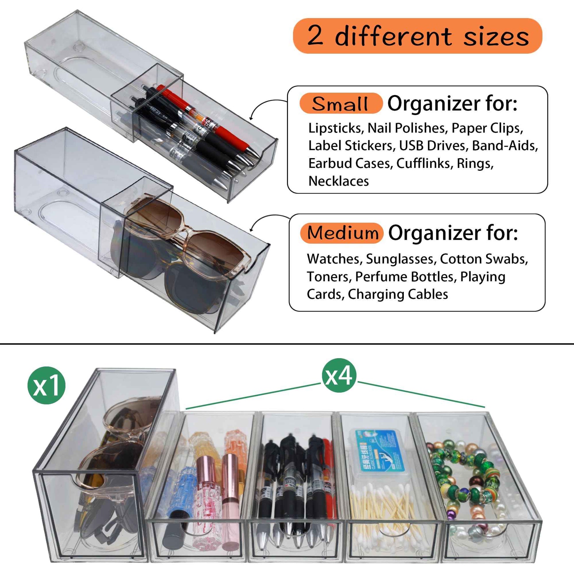Stackable Storage Drawers Set of 5 Acrylic Storage Drawers Clear Plastic Stackable Organizer Bins for Makeup, Cosmetics,Beauty Supplies,Ideal for Vanity, Bathroom,Cabinet,Pantry Organization