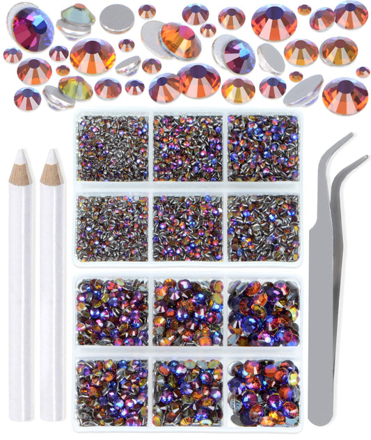 LPBeads 6000 Pieces Blue Volcano Non Hotfix Rhinestones 6 Sizes Round Crystal Glass Flat Back Rhinestones with Tweezers and Picking Pen for Nail Art Crafts Clothes Bags DIY